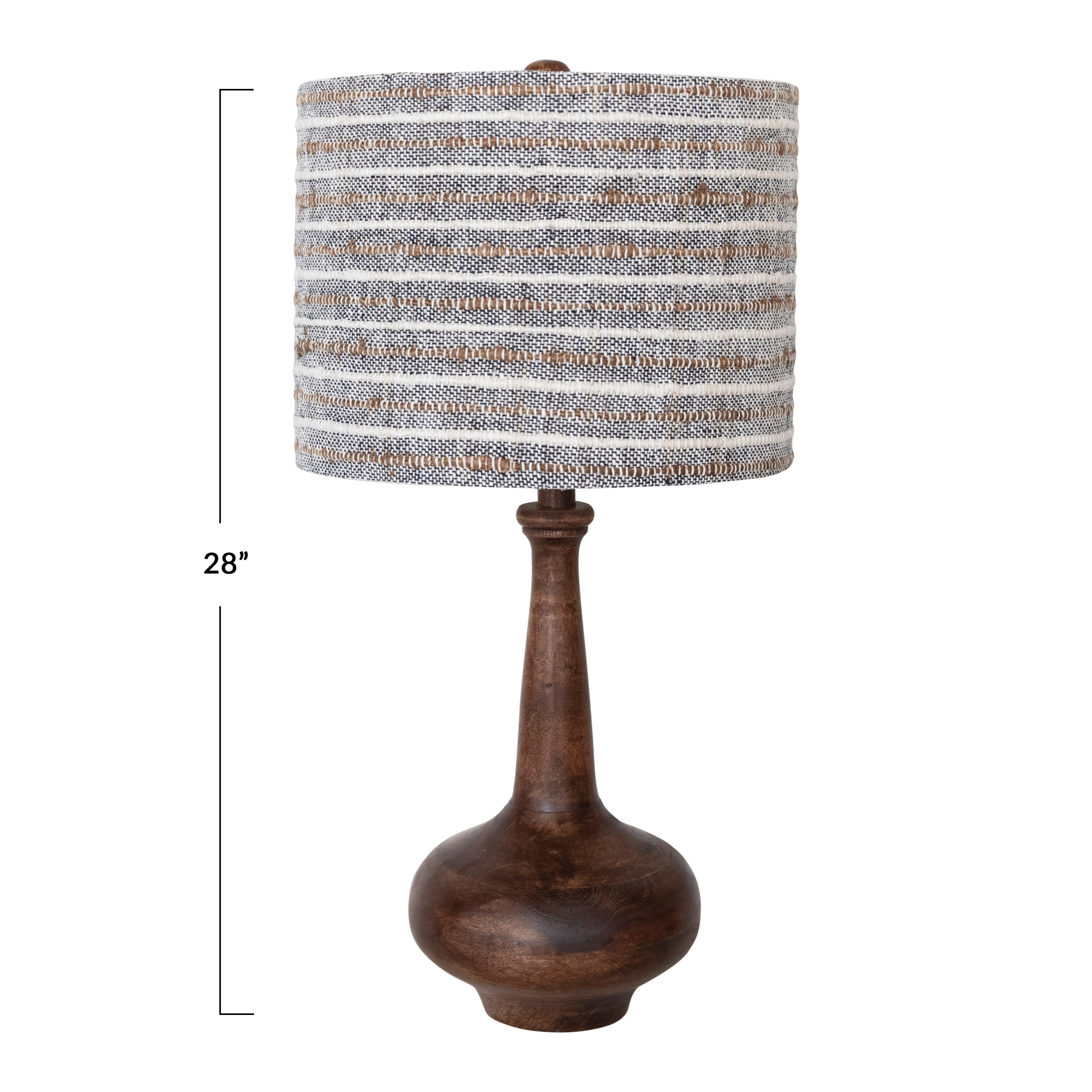 Mango Wood Table Lamp with Woven Cotton and Linen Striped Shade