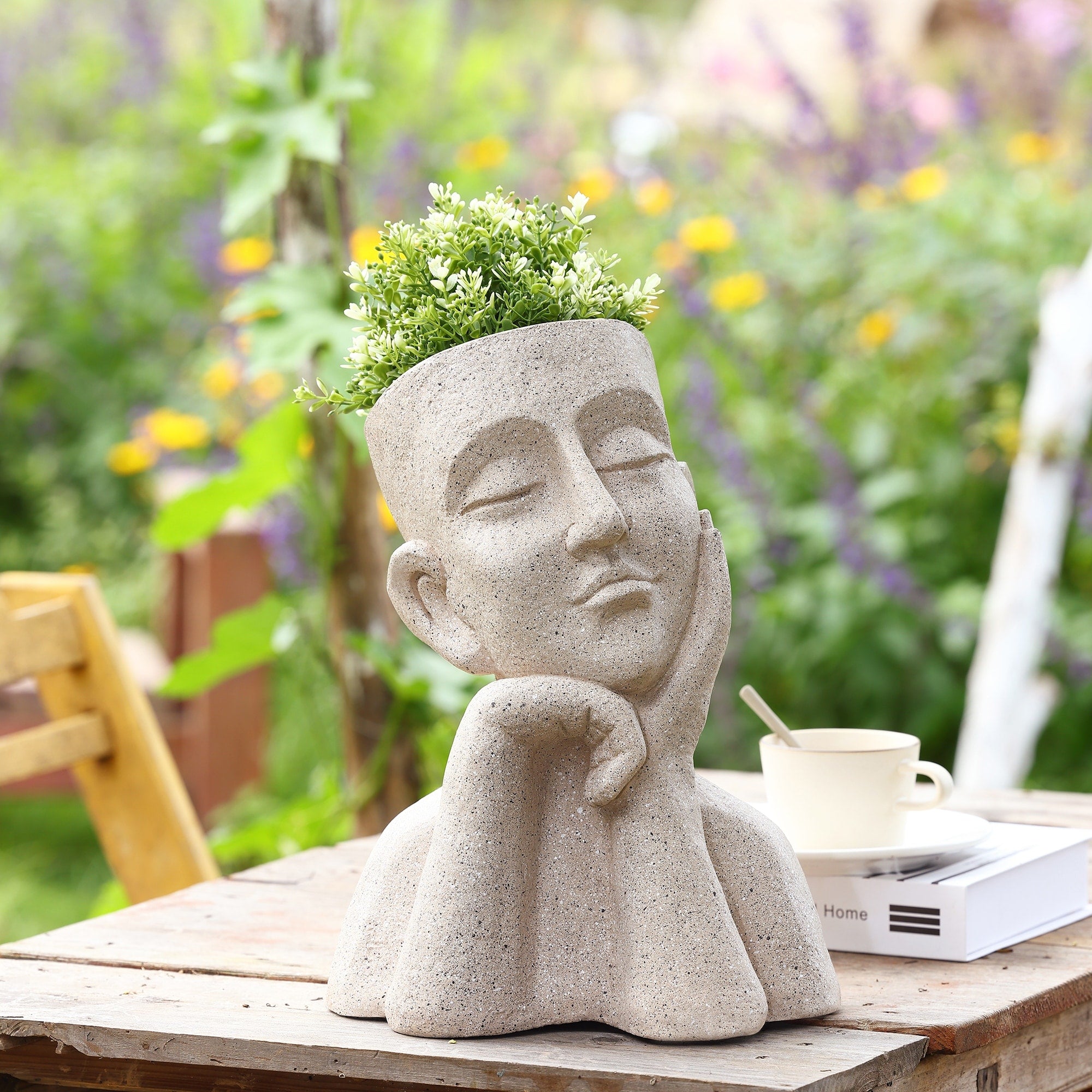 Speckled Beige Thoughtful Bust Head MgO Indoor/ Outdoor Statue Planter