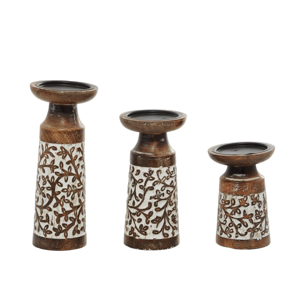 Mango Wood Handmade Carved Pillar Decorative Candle Holder - Set of 3 Light Brown or Brown - Roche River Decor