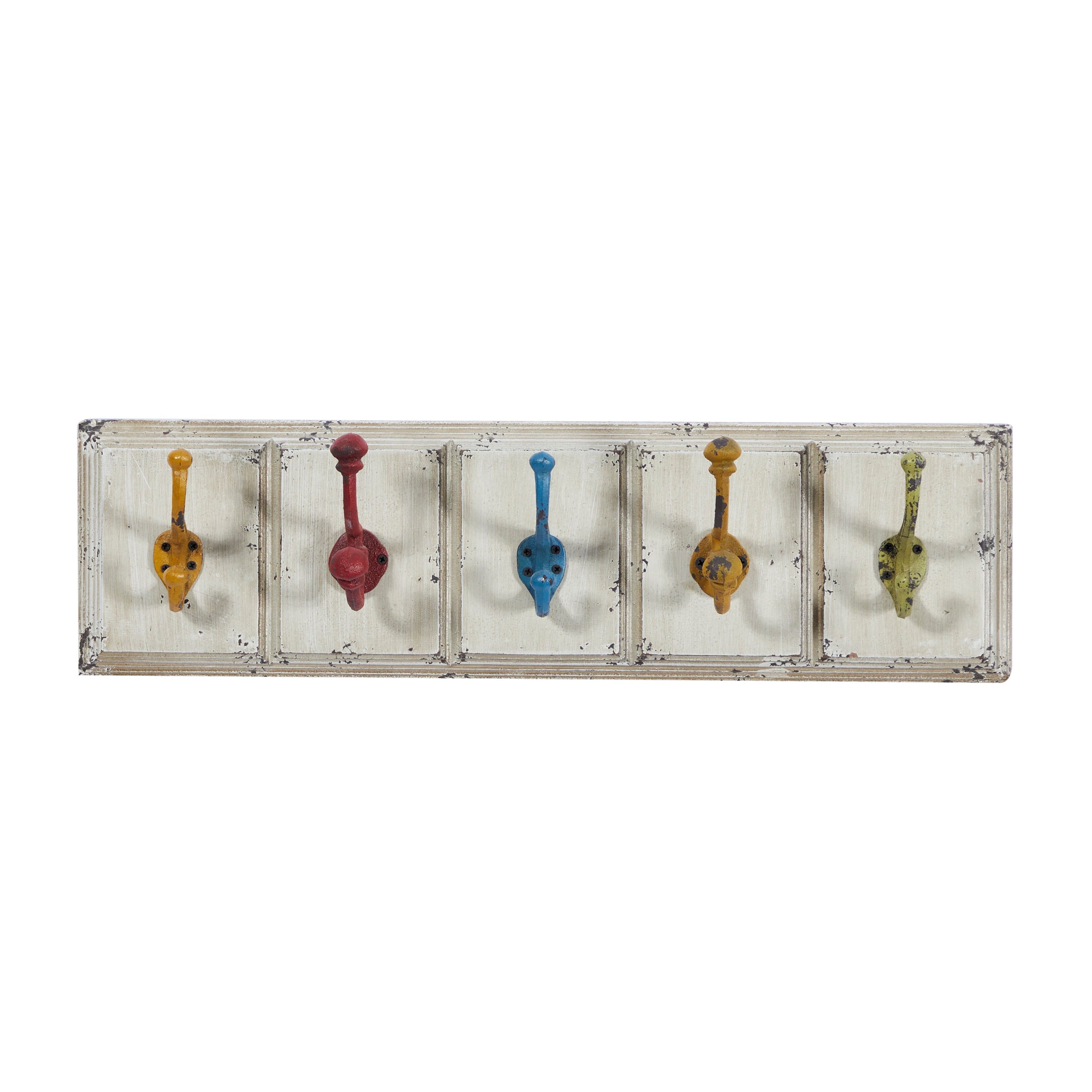 Wooden 5 Hangers Wall Hook with Multi Colored Hooks - White - Roche River Decor - 4W x 24L x 7H