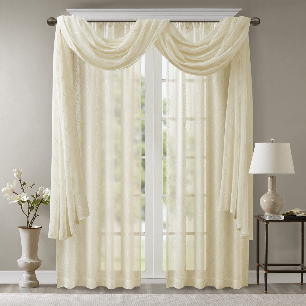 Madison Park Iris Diamond Sheer Embroidered Window Curtain Scarf