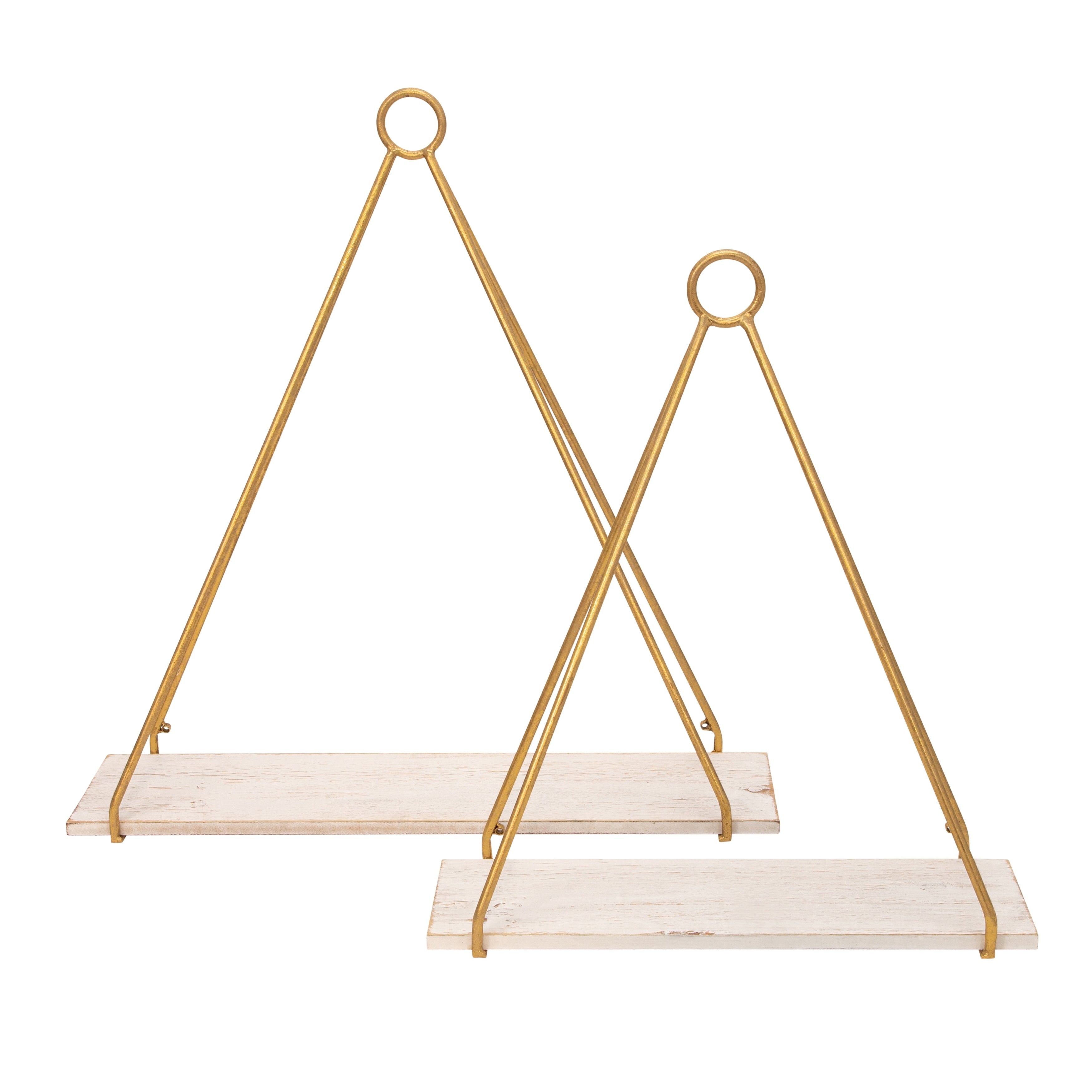 Wooden Triangle Shelf Set in White and Gold Metal and Wood Set of 2 Mounted Wall Shelves for Home or Office 20 &