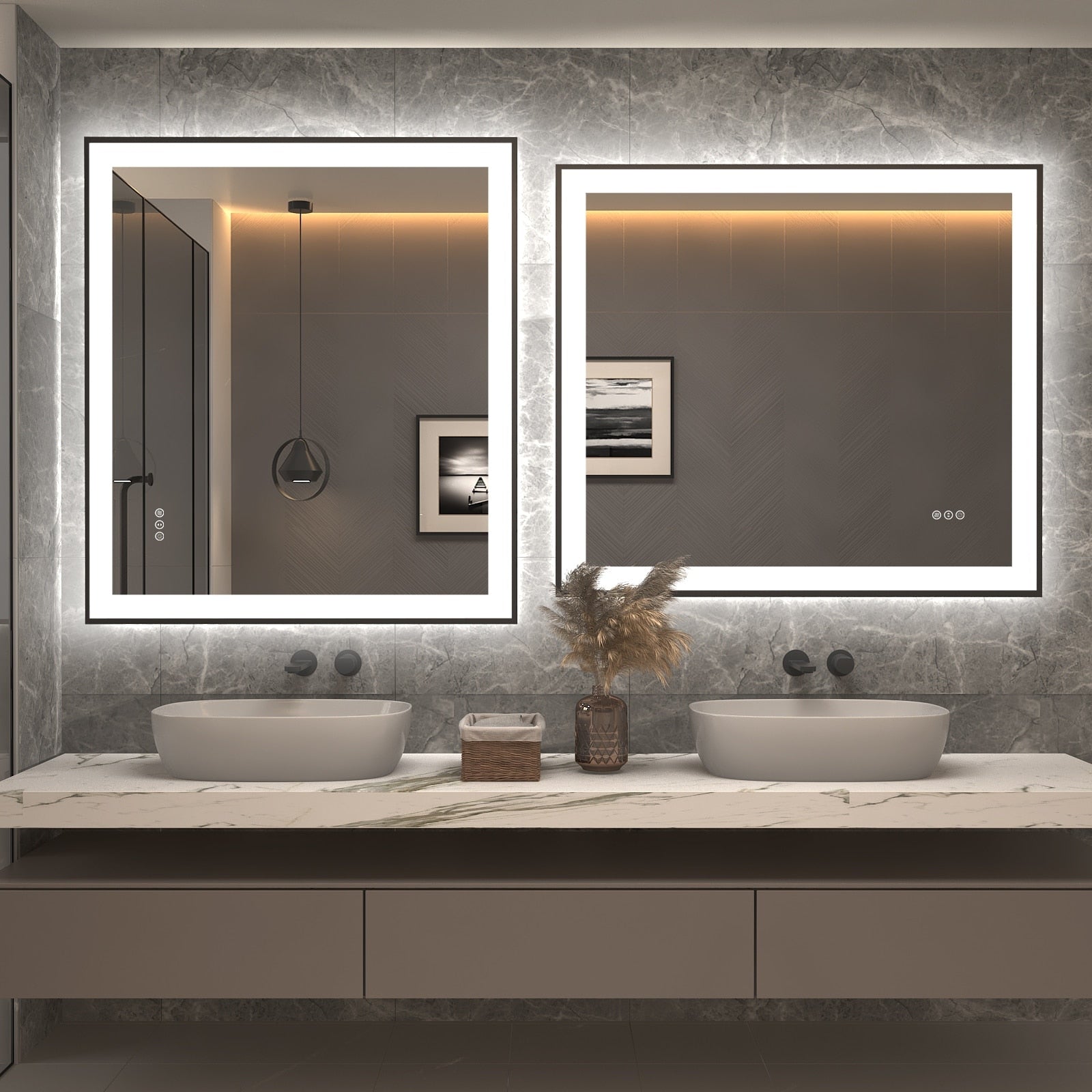 Apmir Metal Black Frame Back & Front LED Lighted Bathroom Vanity Mirror with Anti-Fog Tempered Glass