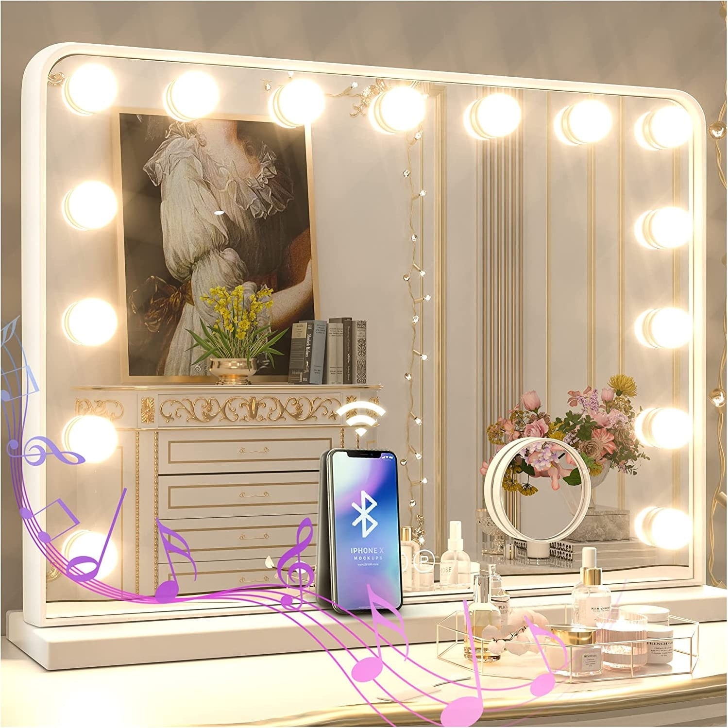 KEONJINN Hollywood Vanity Mirror with 15/18 LEDs Lights and Bluetooth Speakers