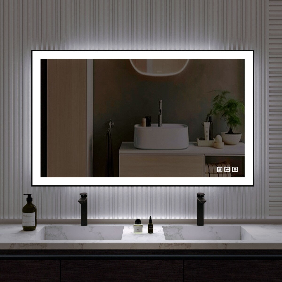 Organnice Rectangular Framed LED Anti-Fog Bathroom Wall Mirror in Black with Backlit and Front Light