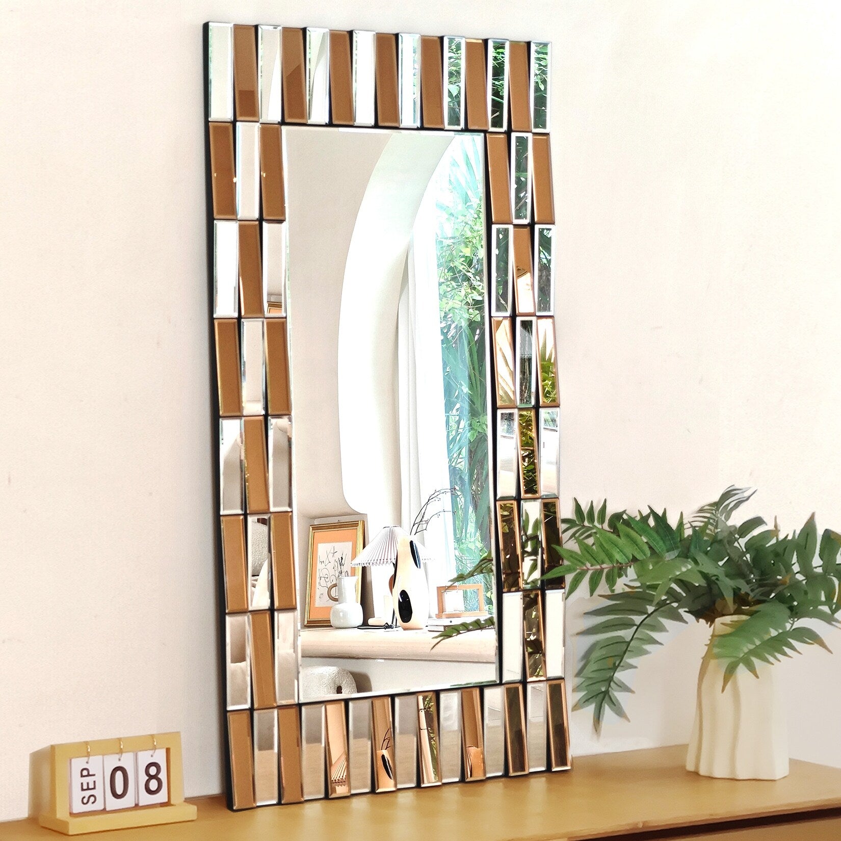 Rectangular Sunburst Wall Mirror with Silver Gold Beveled Glass