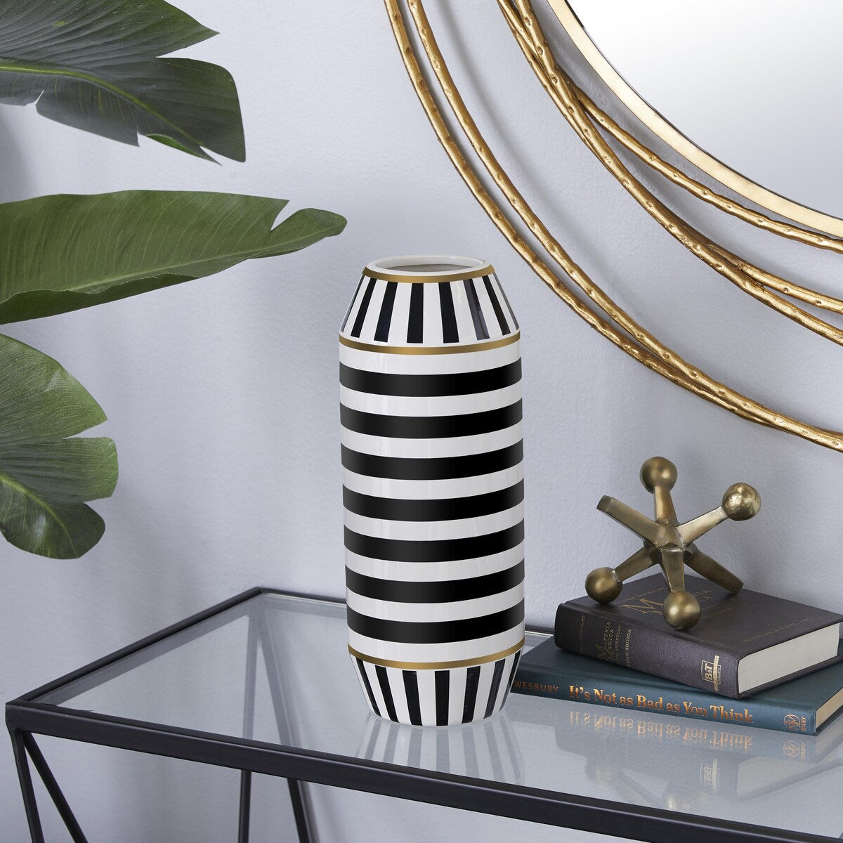 Ceramic Striped Decorative Vase with White and Gold Accents - Black - Roche River Decor