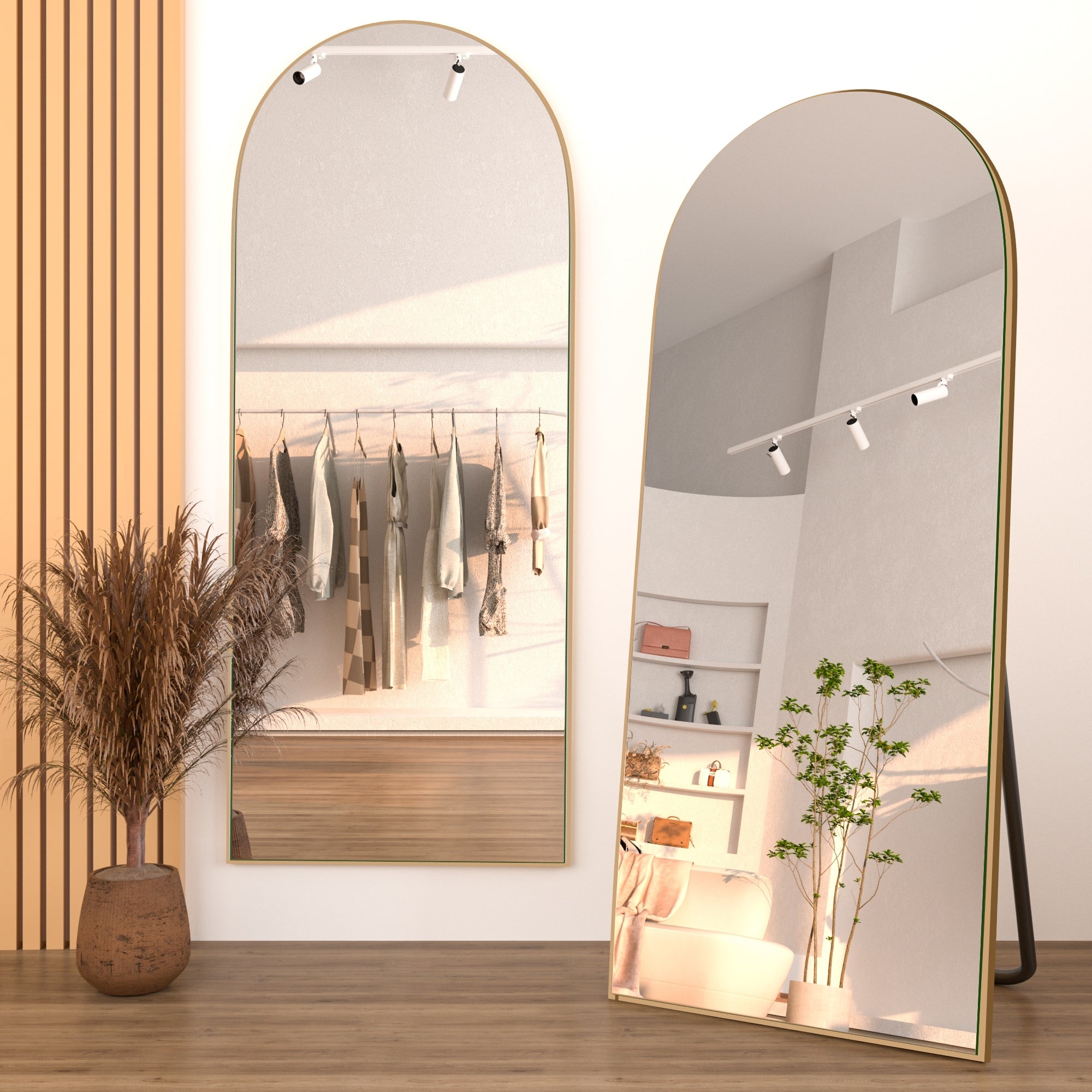 Modern Arched Full-Length Wood Floor Standing Mirror