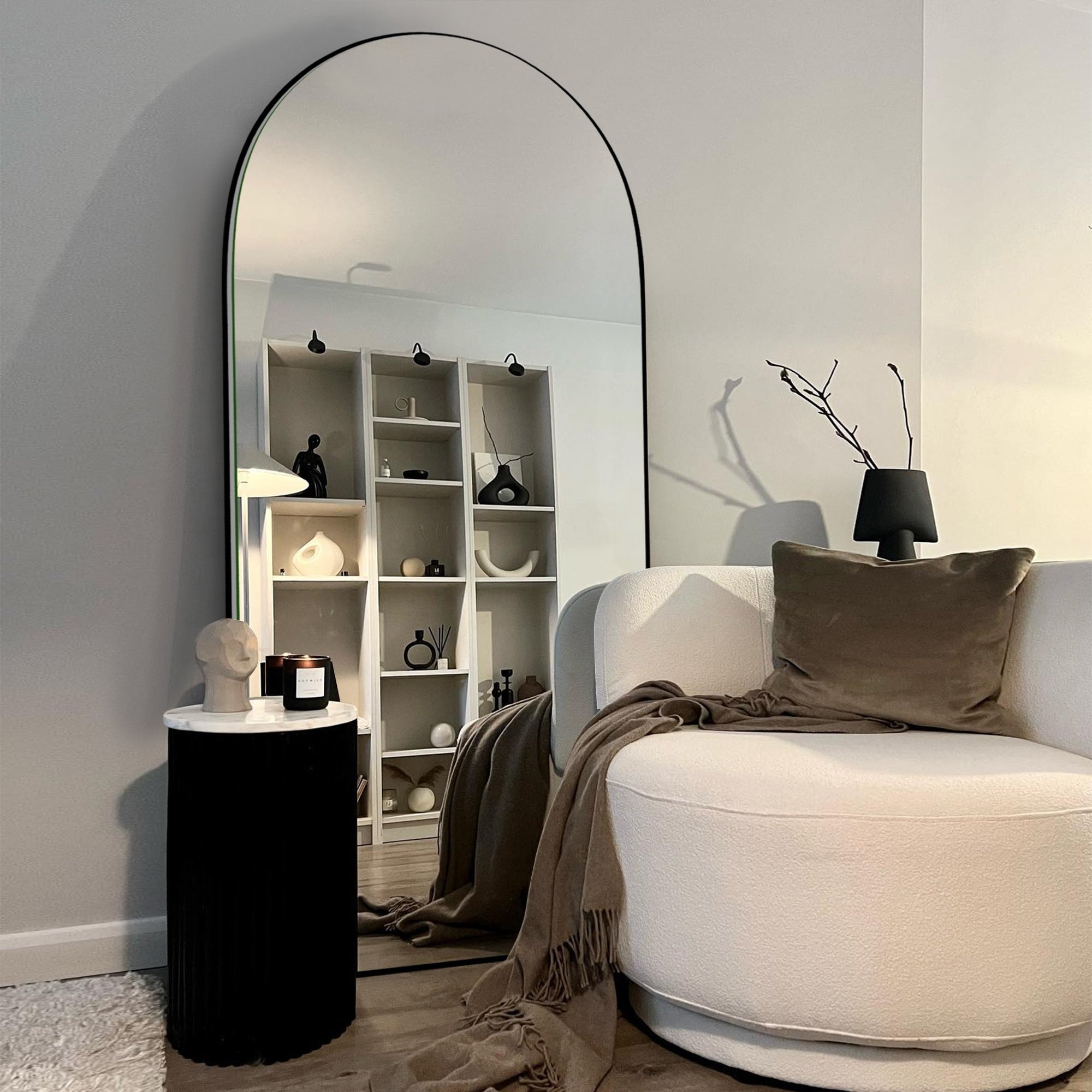 Modern Arched Full-Length Wood Floor Standing Mirror