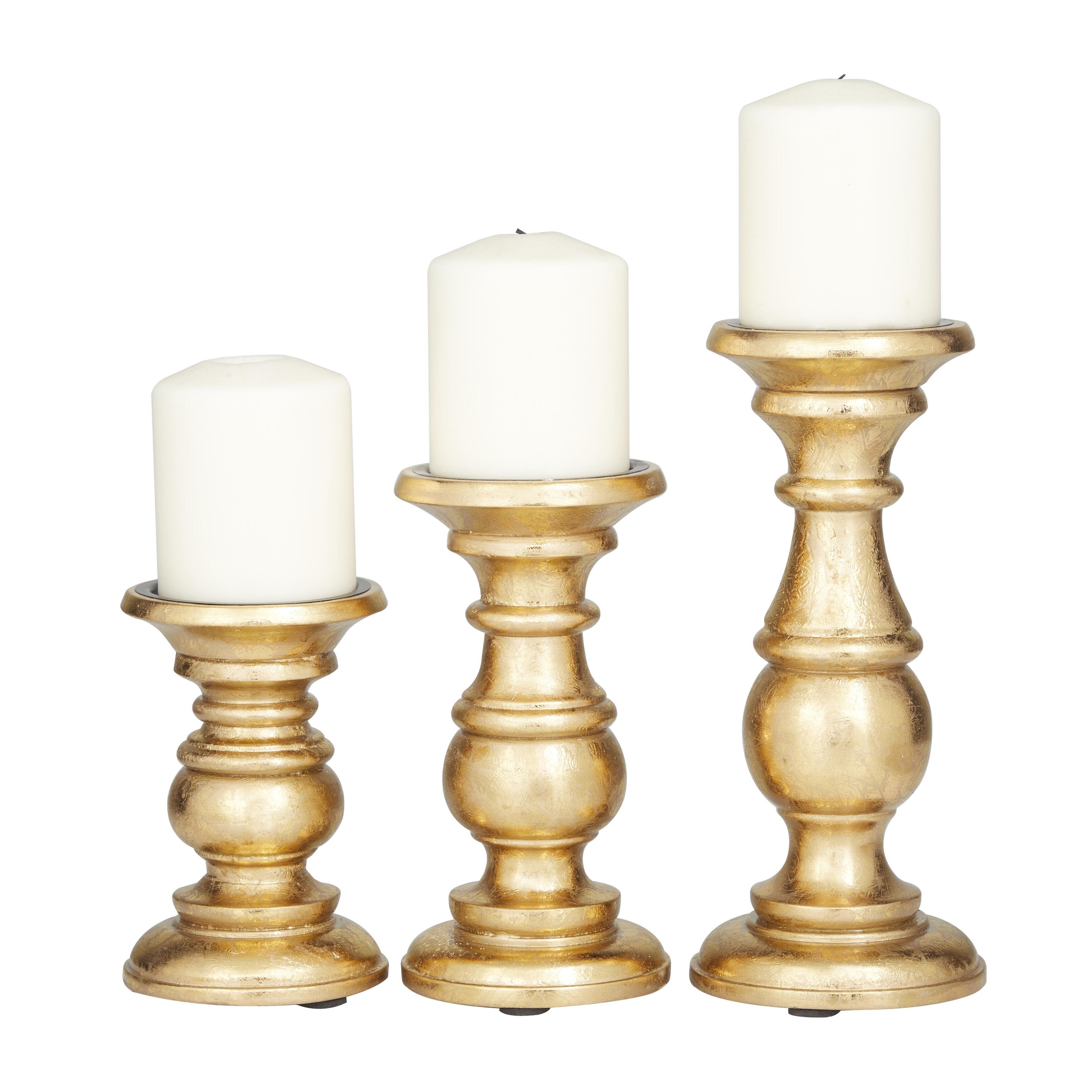 Mango Wood Turned Style Pillar Candle Holder (Set of 3) - White, Brown, Gold, Black, Light Blue, Cream, Silver