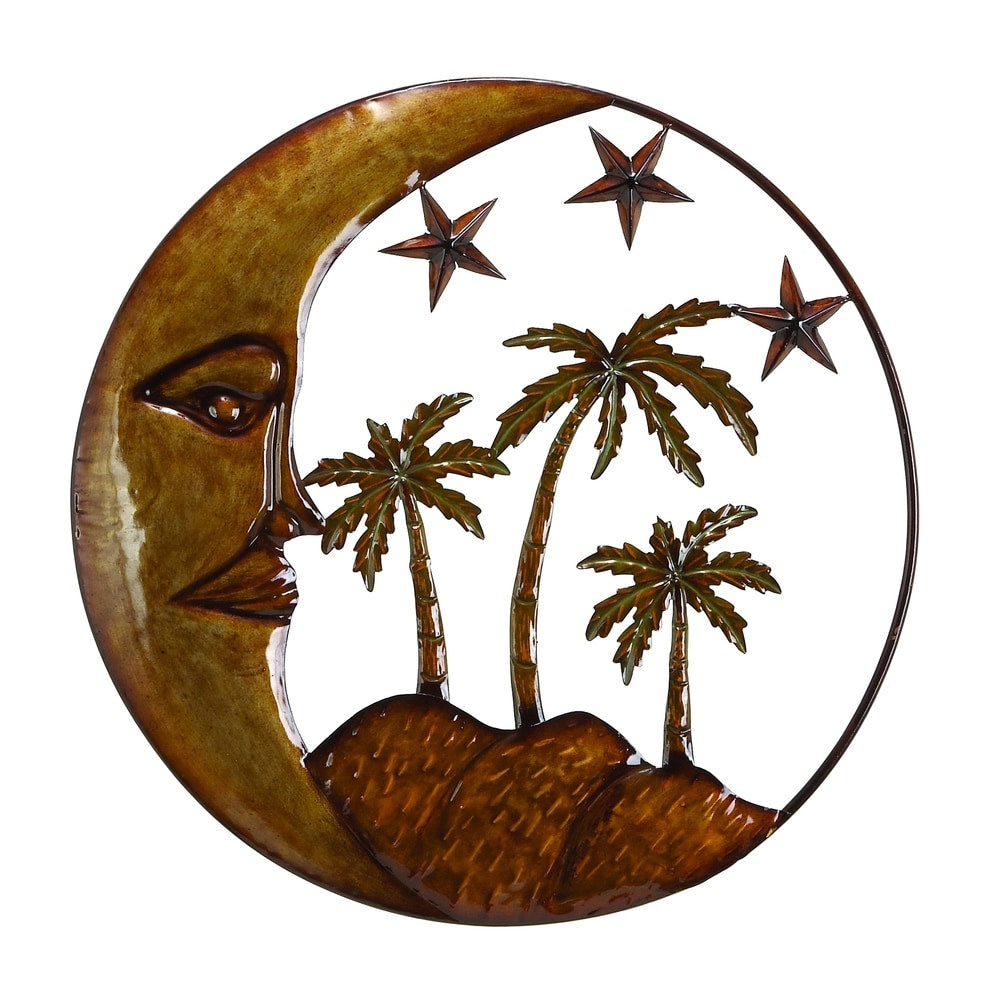 Copper Metal Indoor Outdoor Moon Home Wall Decor with Stars and Palm Tree