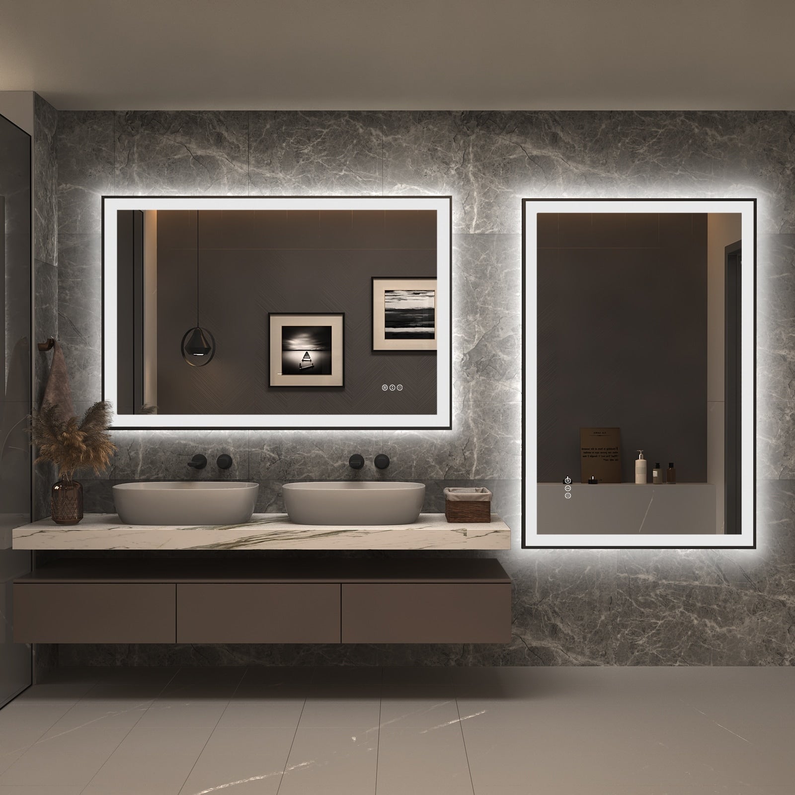 Apmir Metal Black Frame Back & Front LED Lighted Bathroom Vanity Mirror with Anti-Fog Tempered Glass