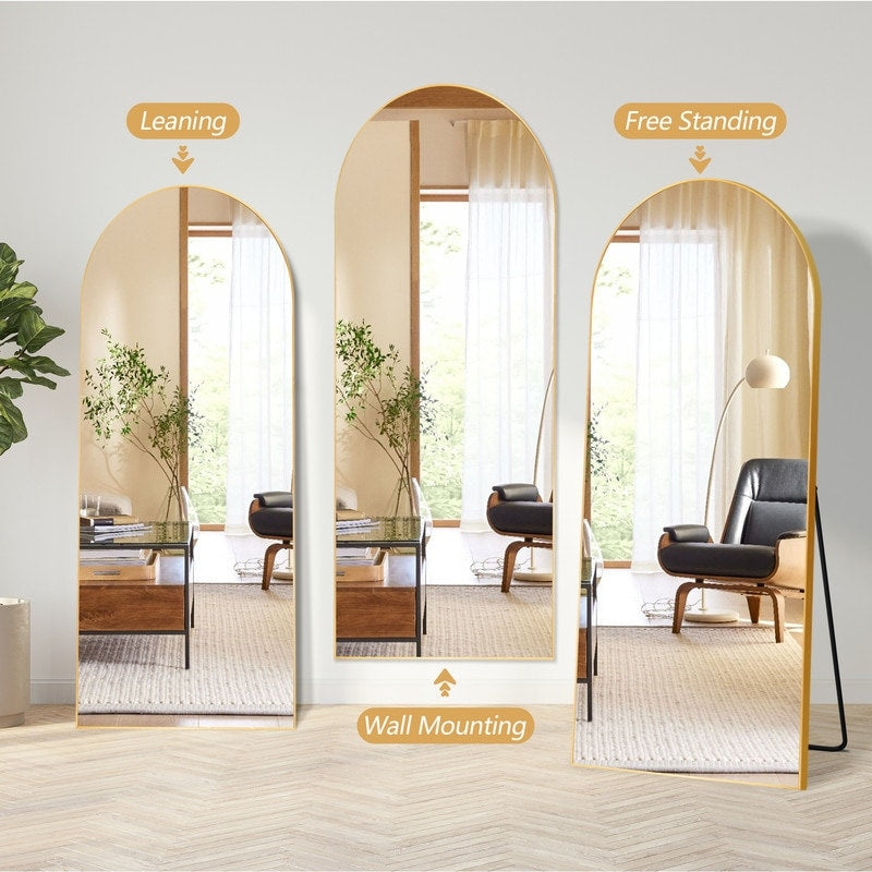 Modern Glam Arched-Top Full Length Floor Mirror Wood Frame with Stand