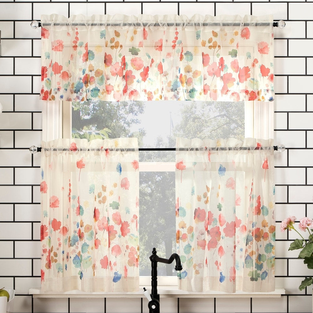 No. 918 Rosalind Floral Watercolor Semi-Sheer Rod Pocket Kitchen Curtain Valance and Tiers Set