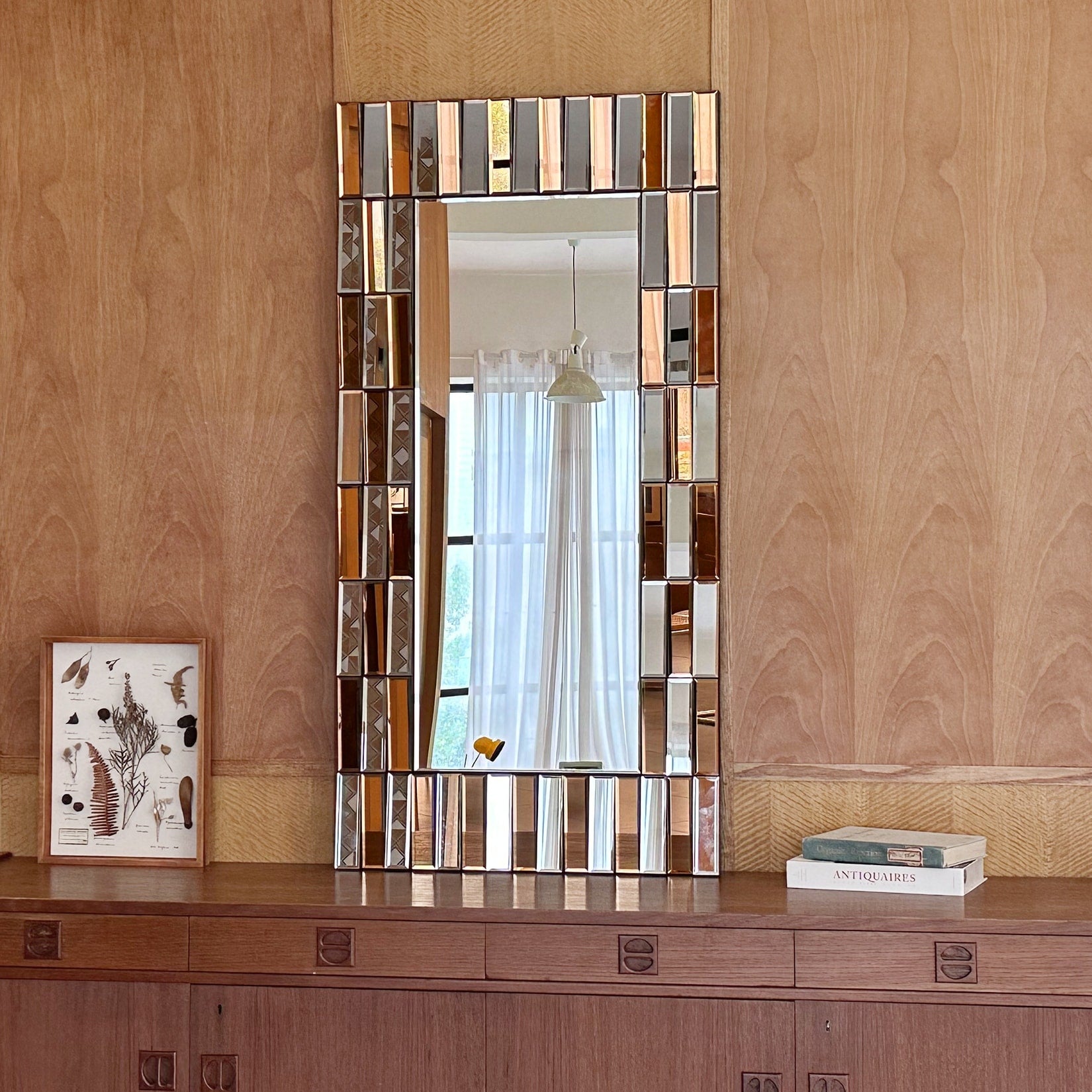 Rectangular Sunburst Wall Mirror with Silver Gold Beveled Glass