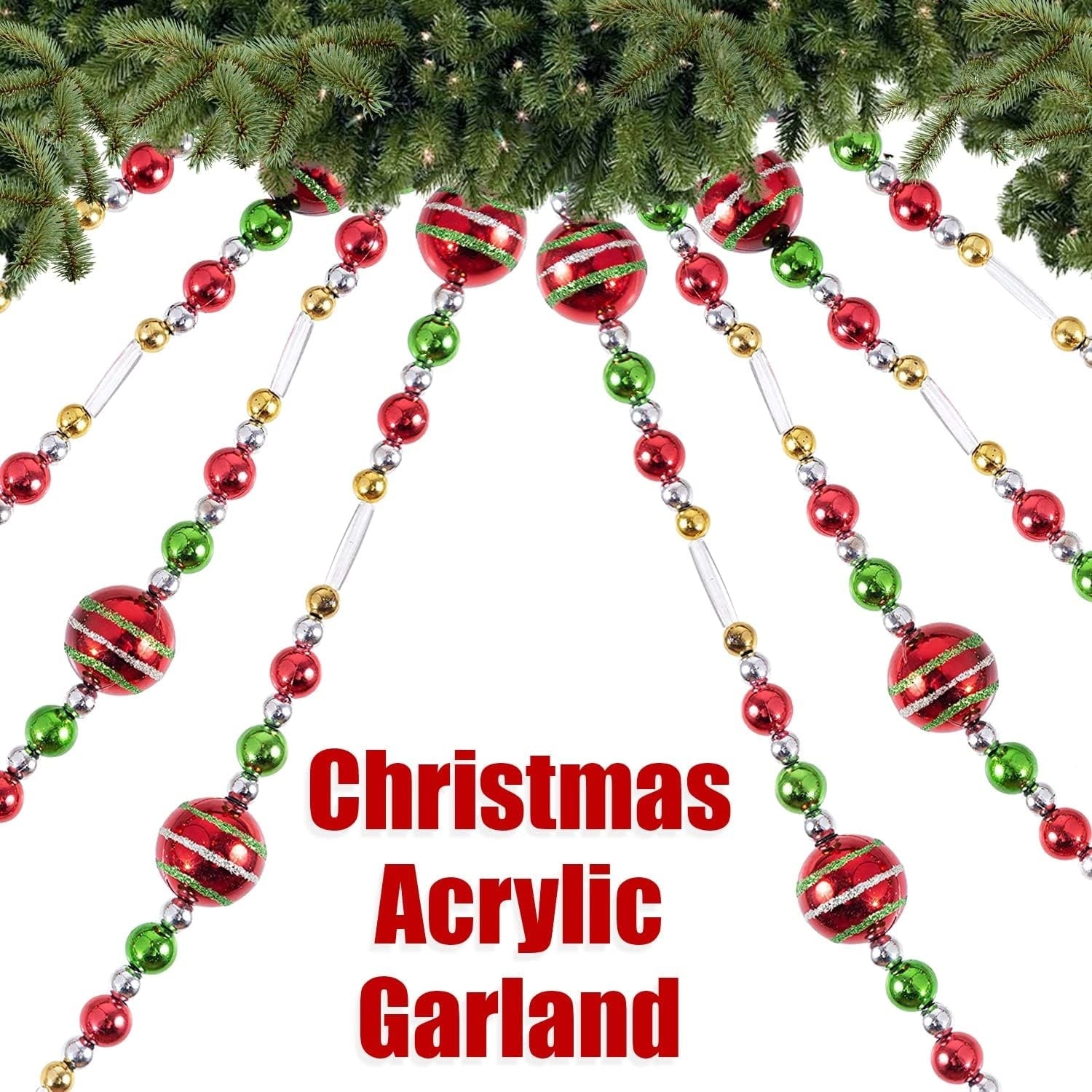 Christmas Acrylic Garland 10 Feet Long Red Green Gold and Silver - Red Green Gold and Silver