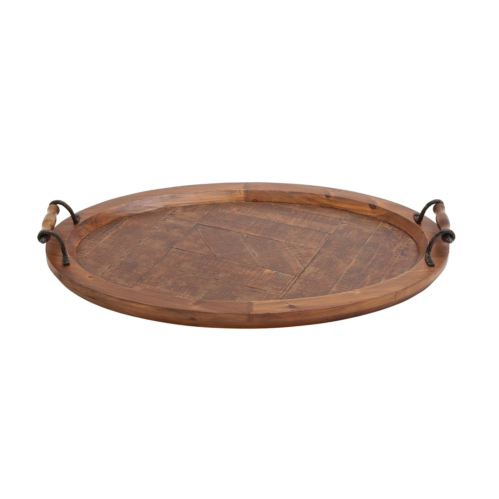 Wood Large Oval Tray with Scroll Metal Handles - Brown - Roche River Decor - 19W x 29L x 4H