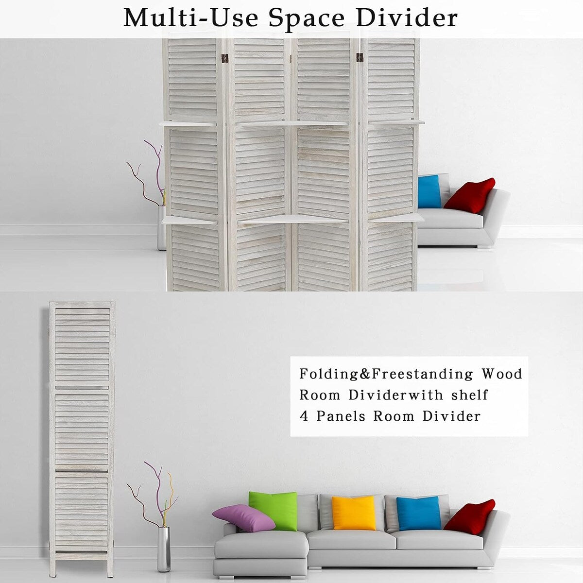 4 Panel Room Divider with Shelves,Wall Room Dividers,Folding Privacy Screens,Portable room partitions and dividers