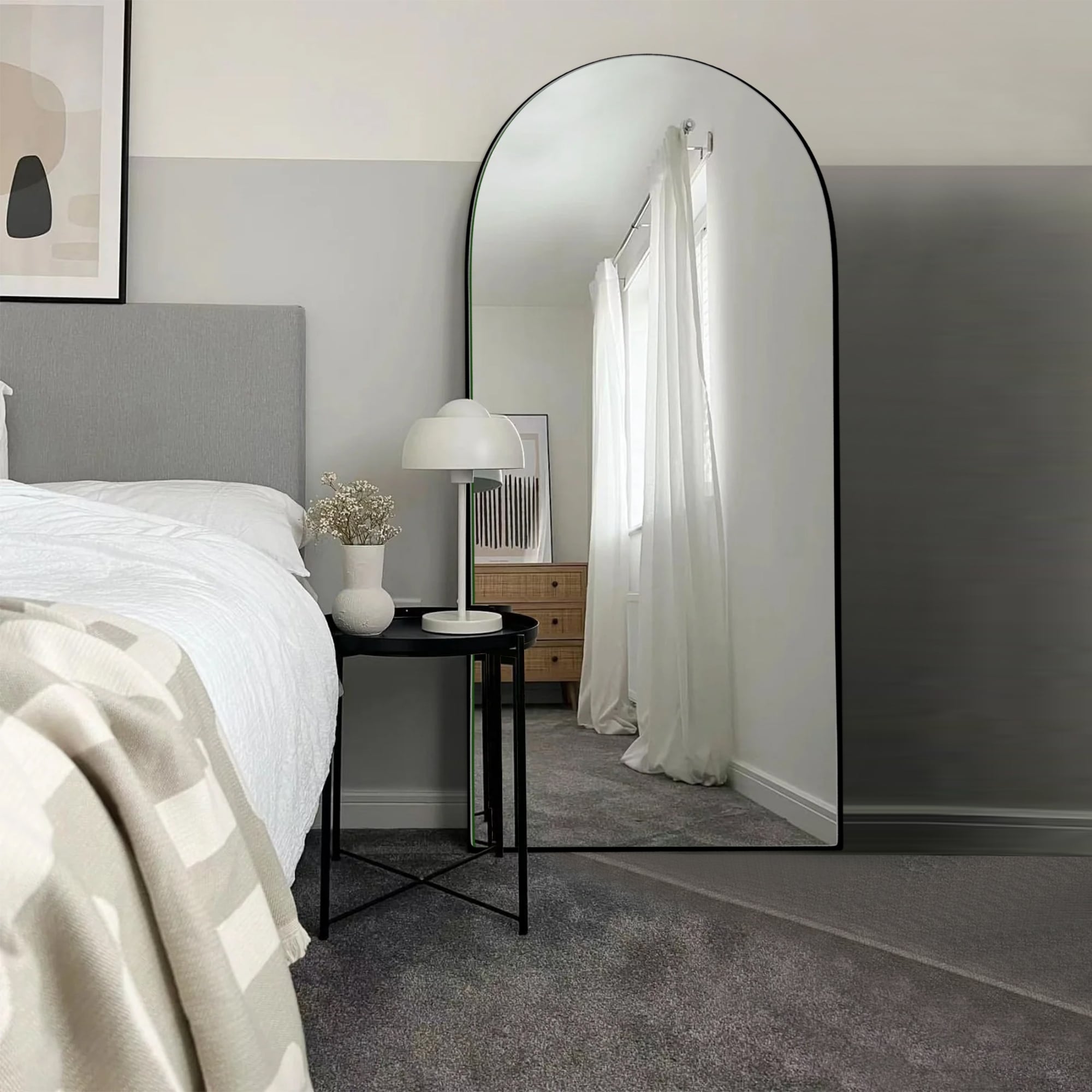 Modern Arched Full-Length Wood Floor Standing Mirror