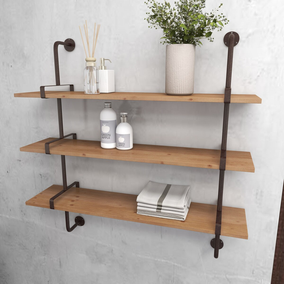 Wood 2 or 3 Level Wall Shelf with Black Metal Brackets - Brown or Gray - Roche River Decor