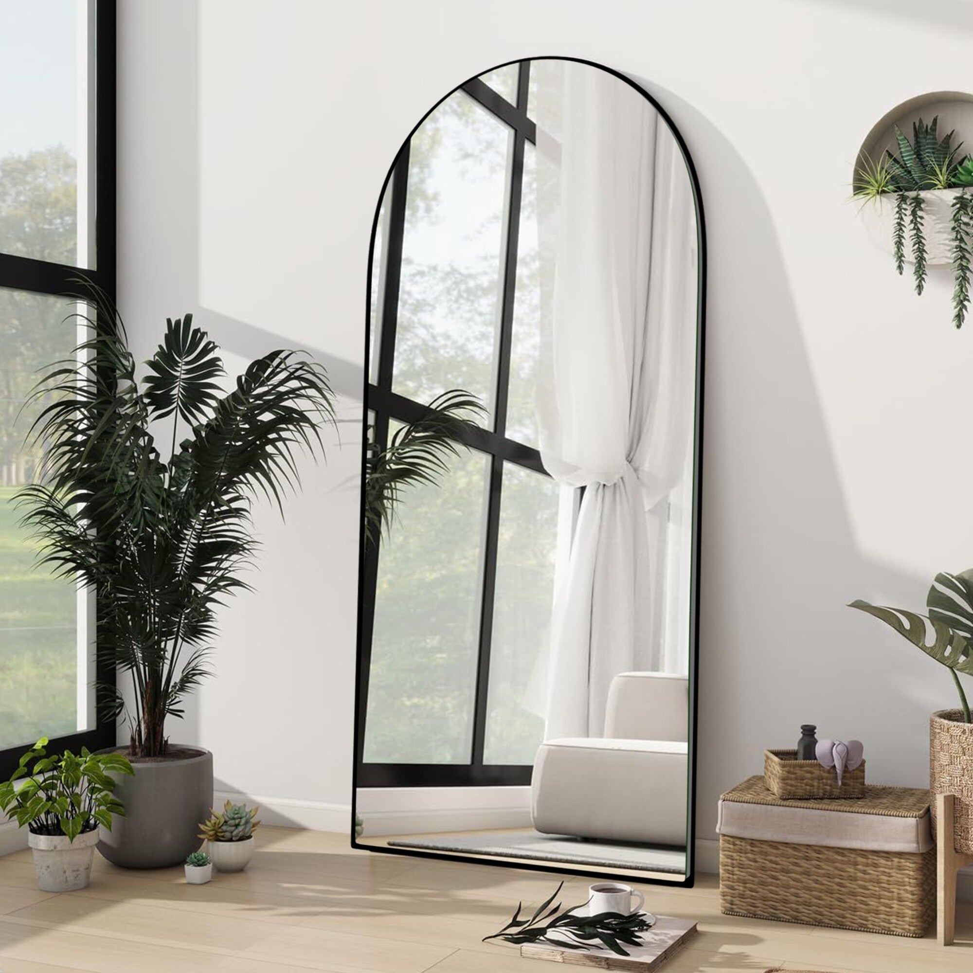 Modern Arched Full-Length Wood Floor Standing Mirror