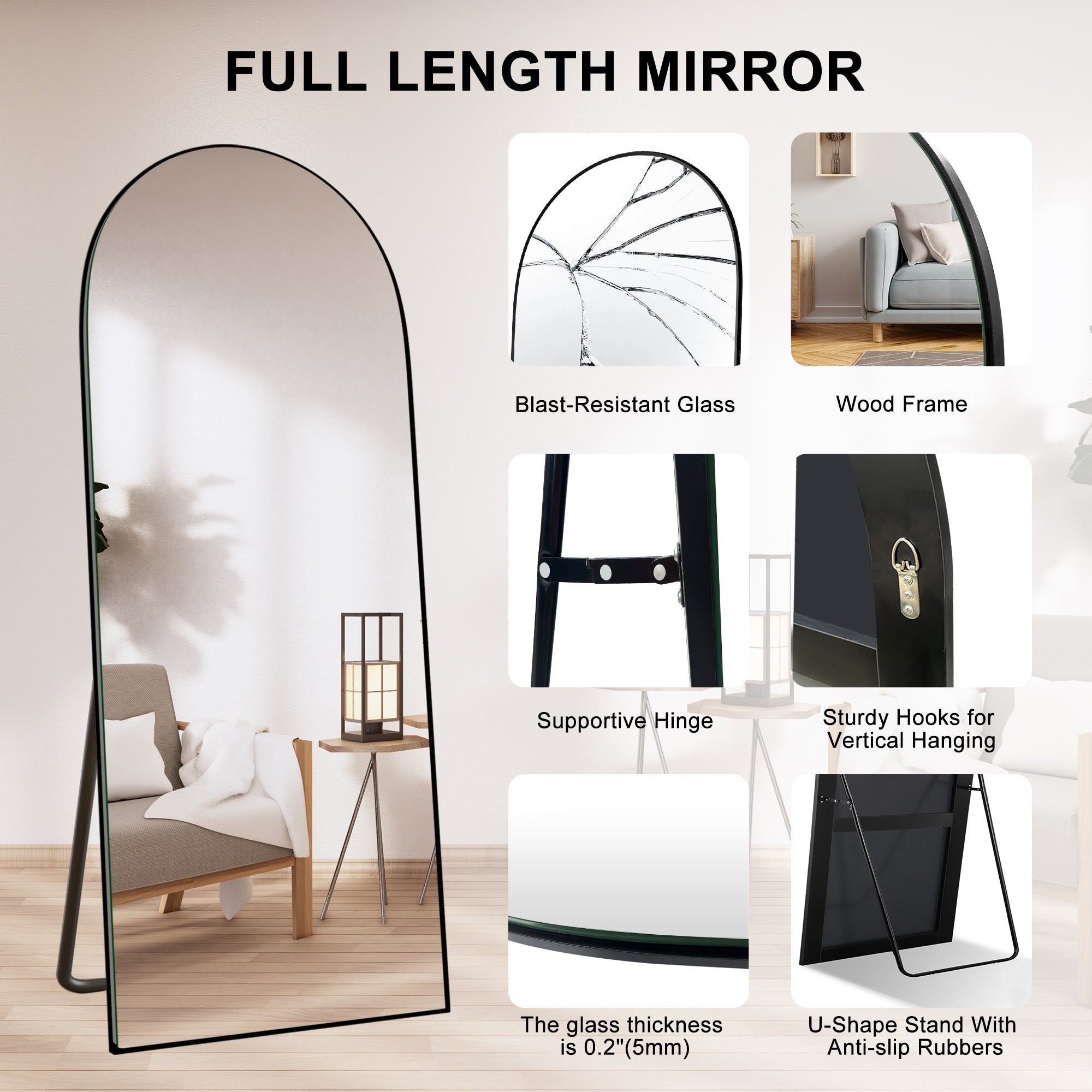 Modern Arched Full-Length Wood Floor Standing Mirror