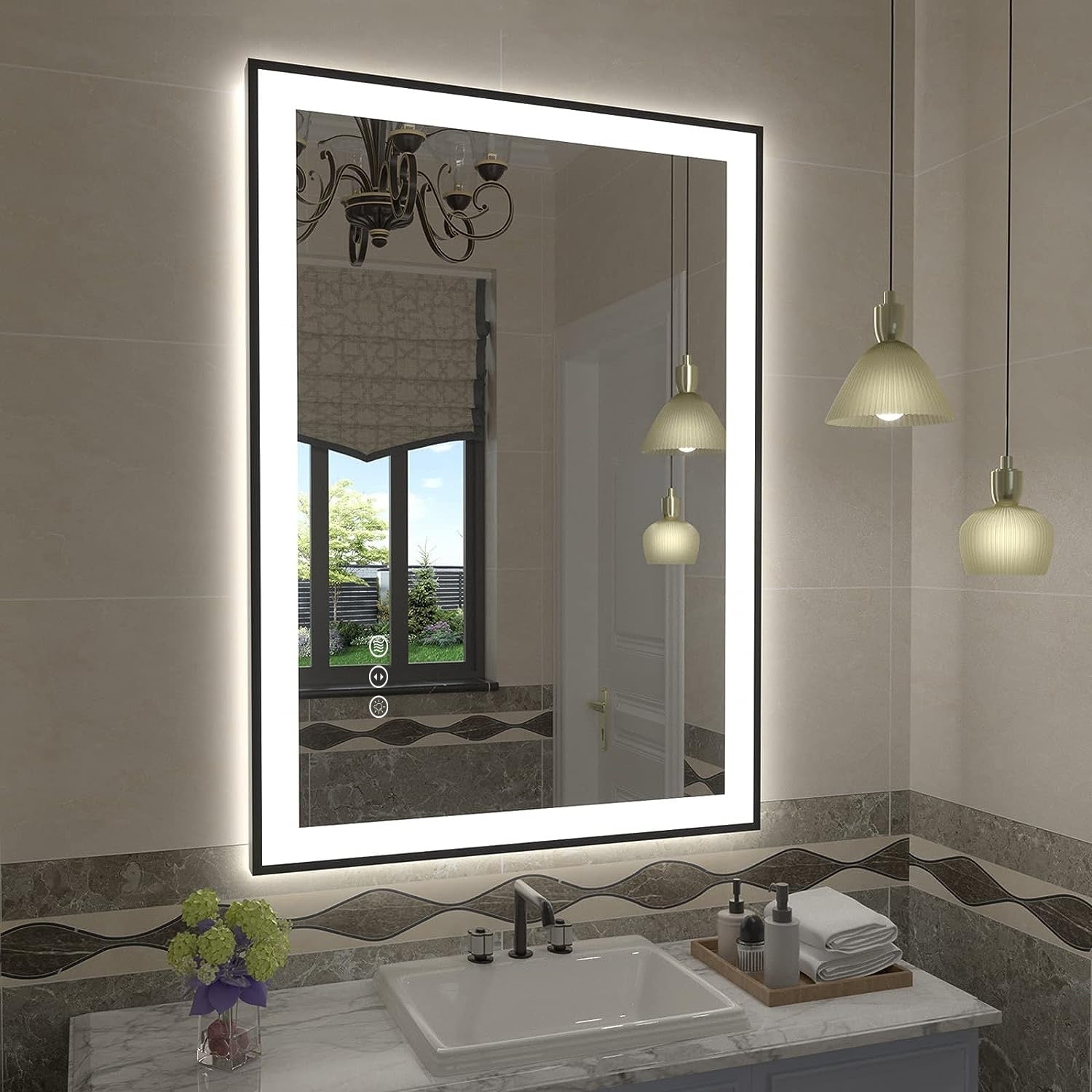 Apmir Metal Black Frame Back & Front LED Lighted Bathroom Vanity Mirror with Anti-Fog Tempered Glass