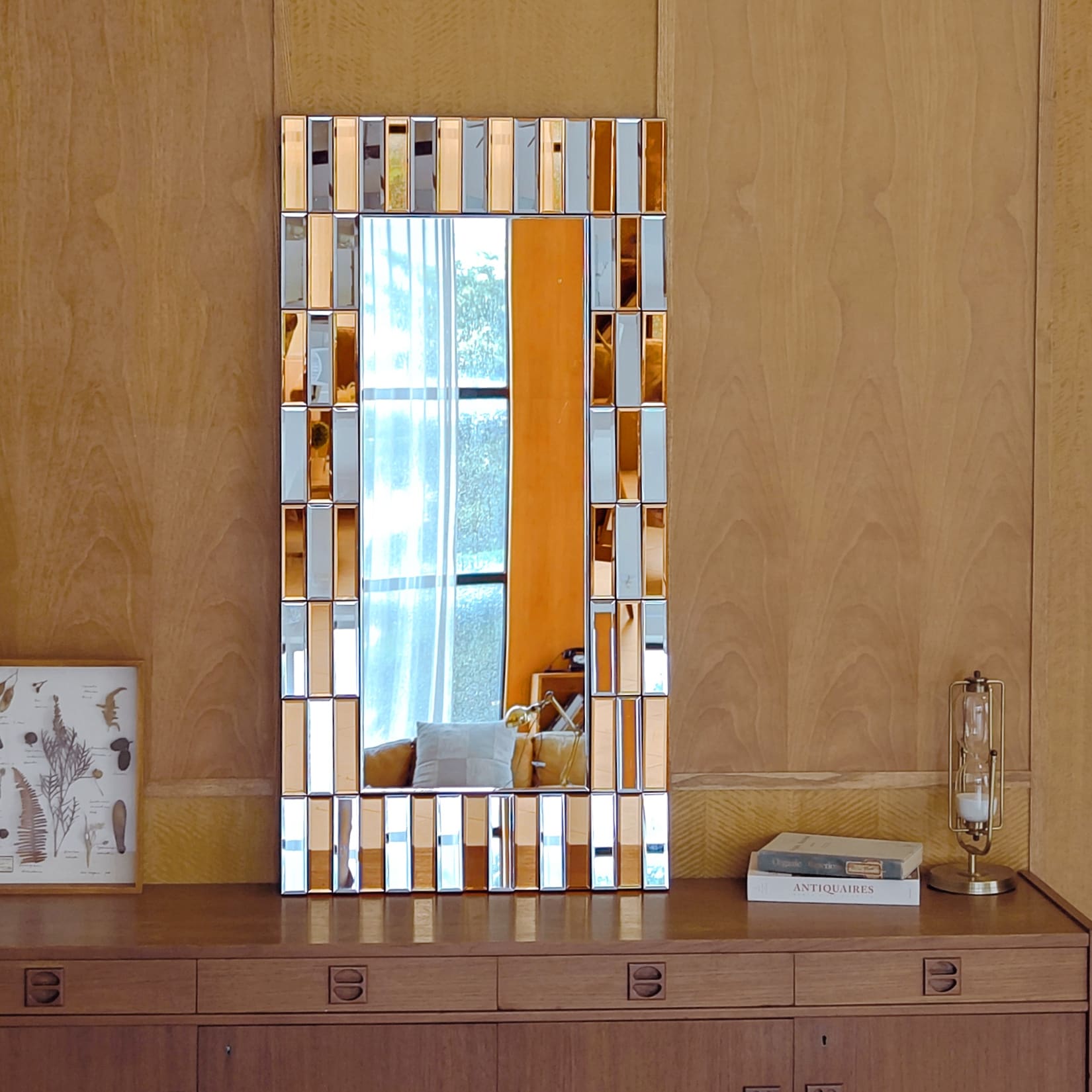 Rectangular Sunburst Wall Mirror with Silver Gold Beveled Glass