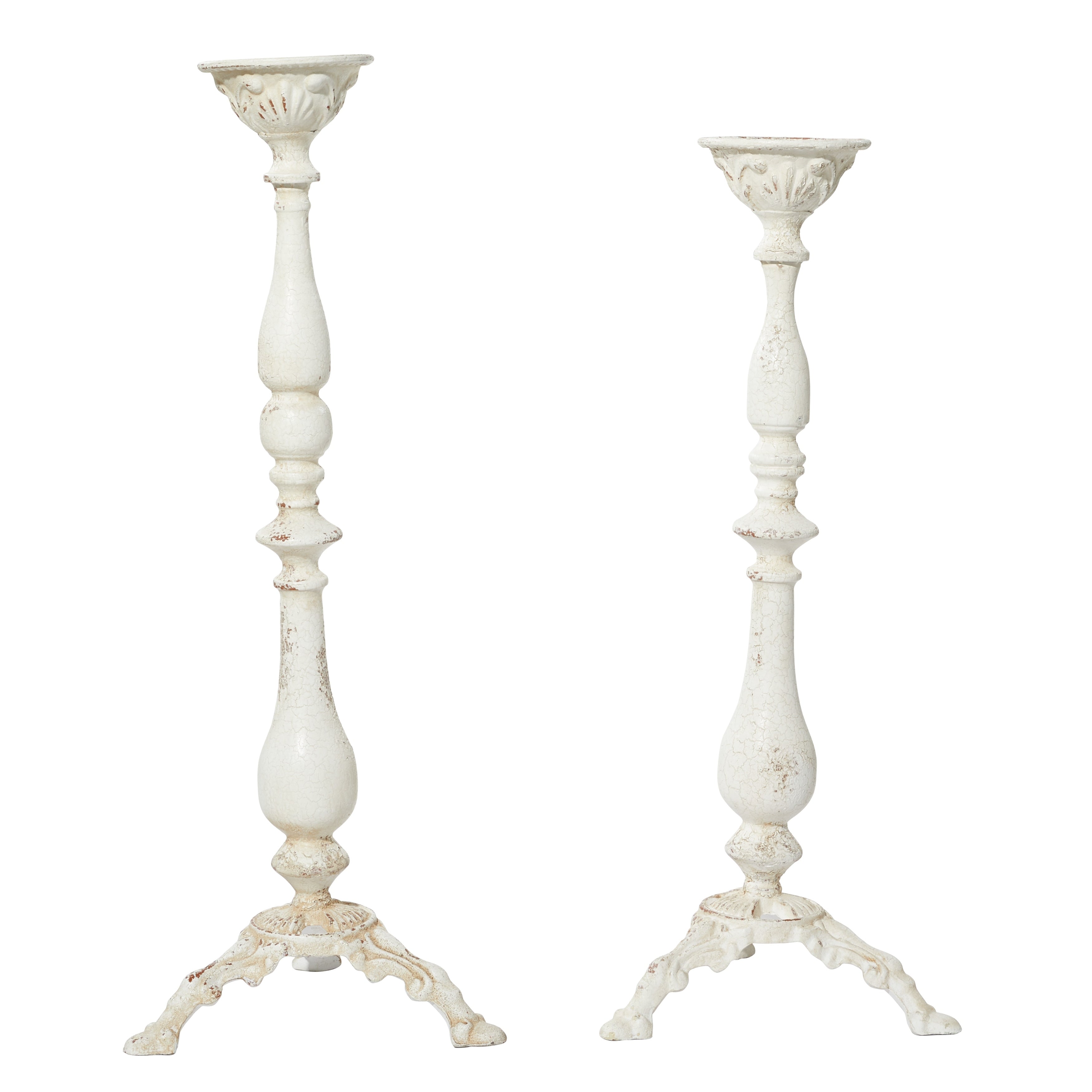 Vintage White Metal Candle Holders with Turned Columns and Tripod Bases Set of 2 12 x 33 12 x 30 - 12 x 12 x 33