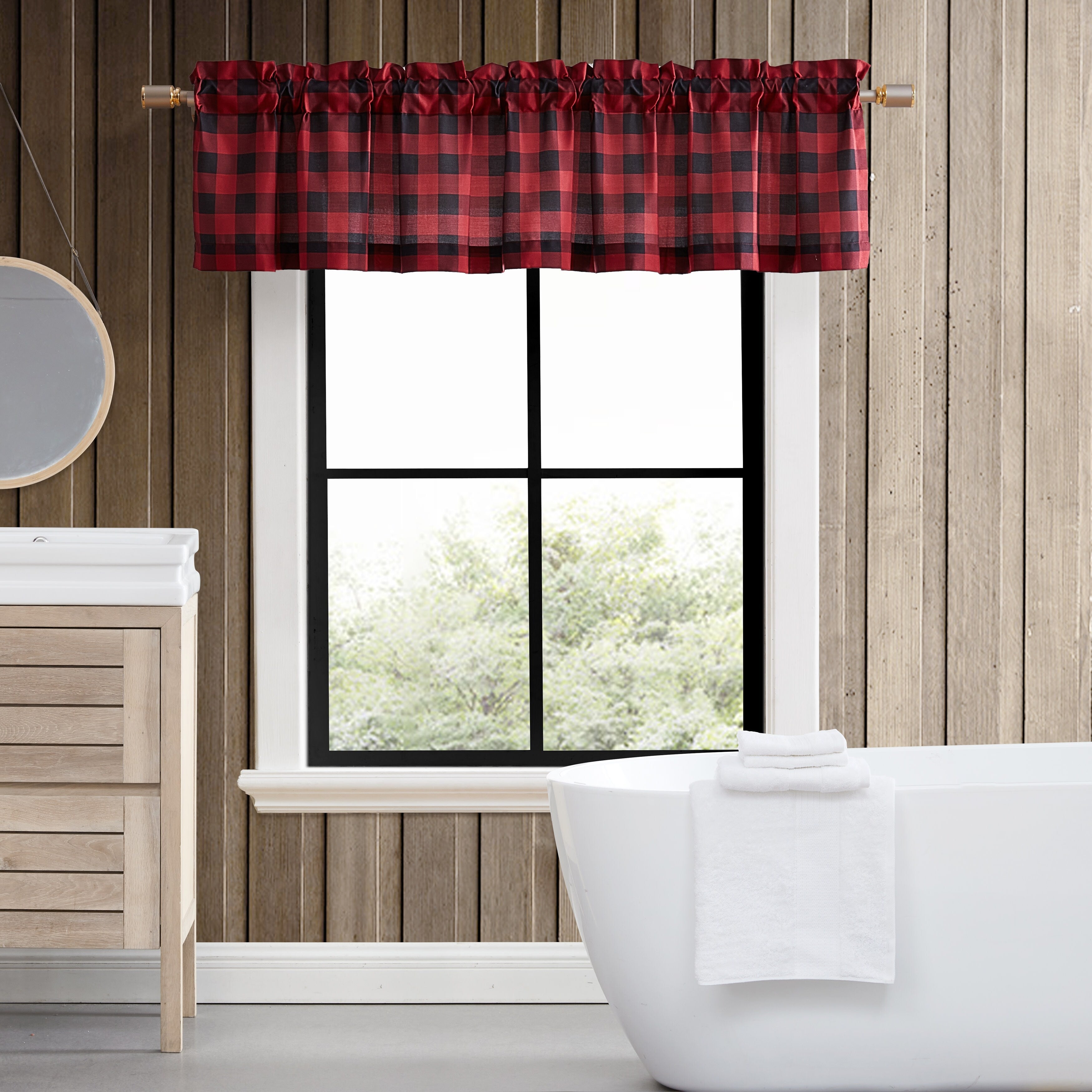 Eddie Bauer Mountain Plaid Red Pole Top Window Valance - 86 x 15