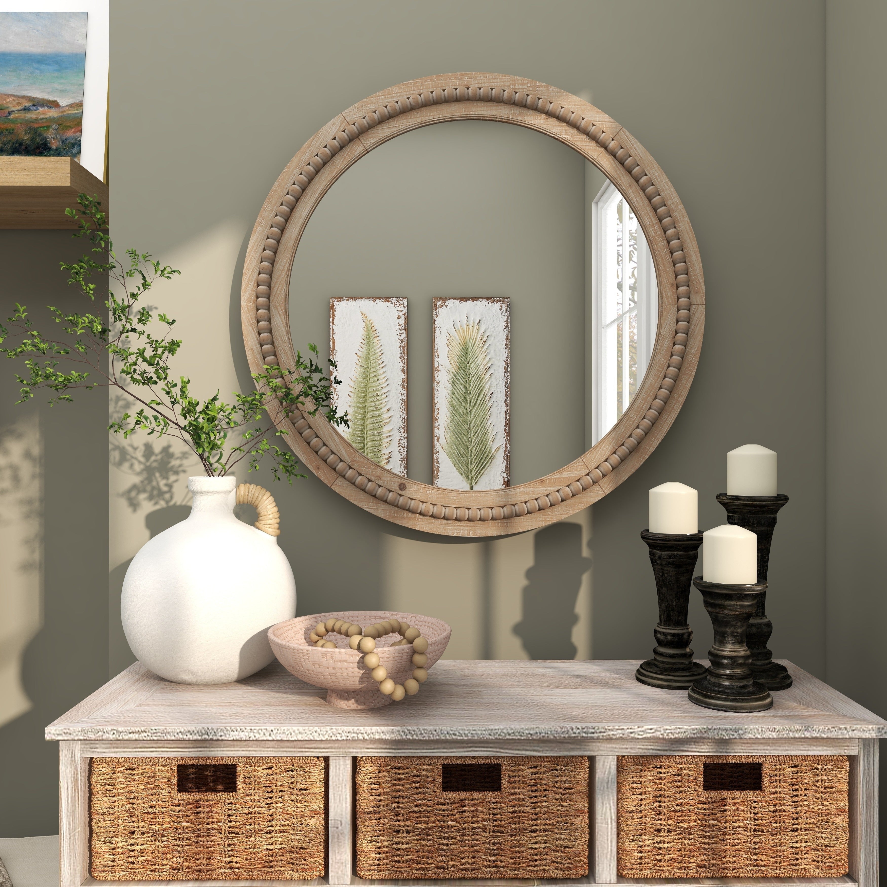 Wood Distressed Wall Mirror with Beaded Detailing - Light Brown or Brown - Roche River Decor