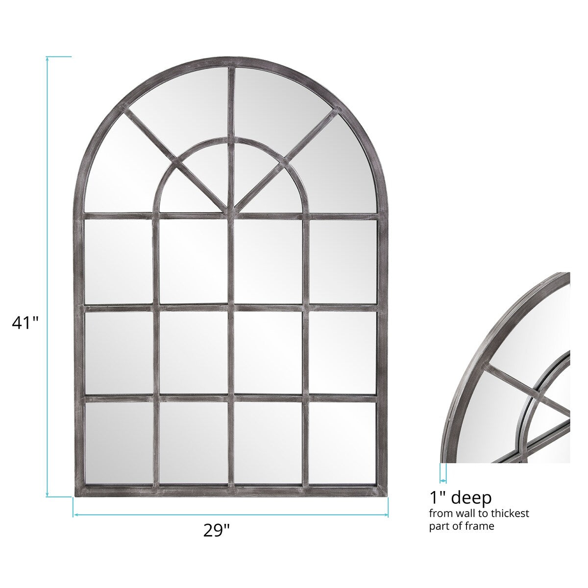 Allan Andrews Antique Silver Metal Arched Windowpane Wall Mirror - Antique Silver - 49 H x 29 W x 1 D