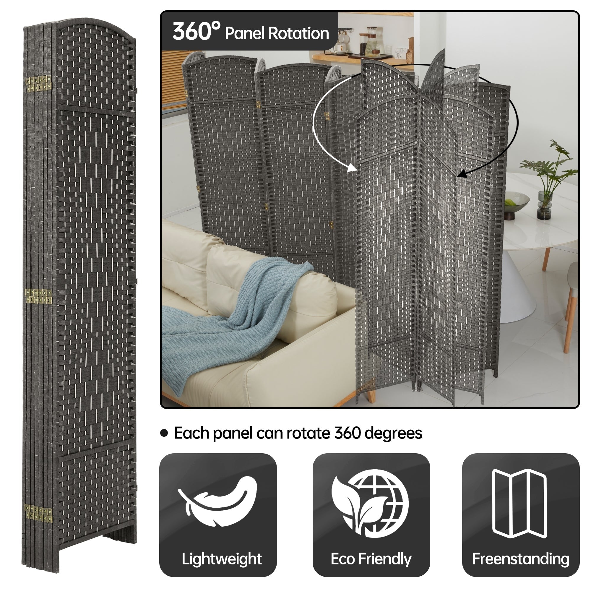 Room Divider 6 FT Tall Weave Fiber Freestanding Privacy Screen Folding Screen