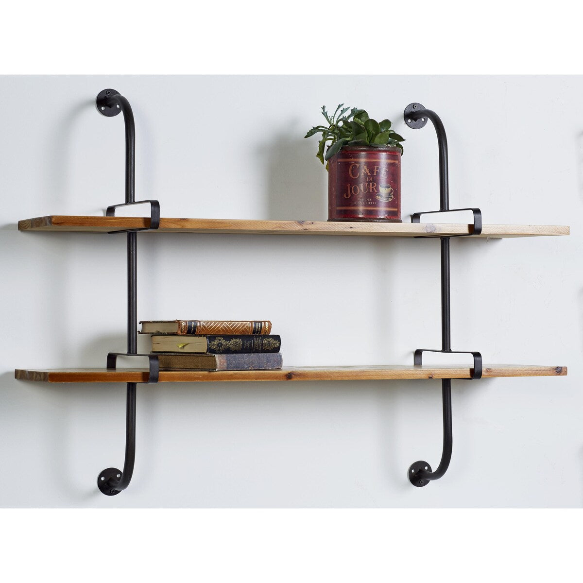 Wood 2 or 3 Level Wall Shelf with Black Metal Brackets - Brown or Gray - Roche River Decor