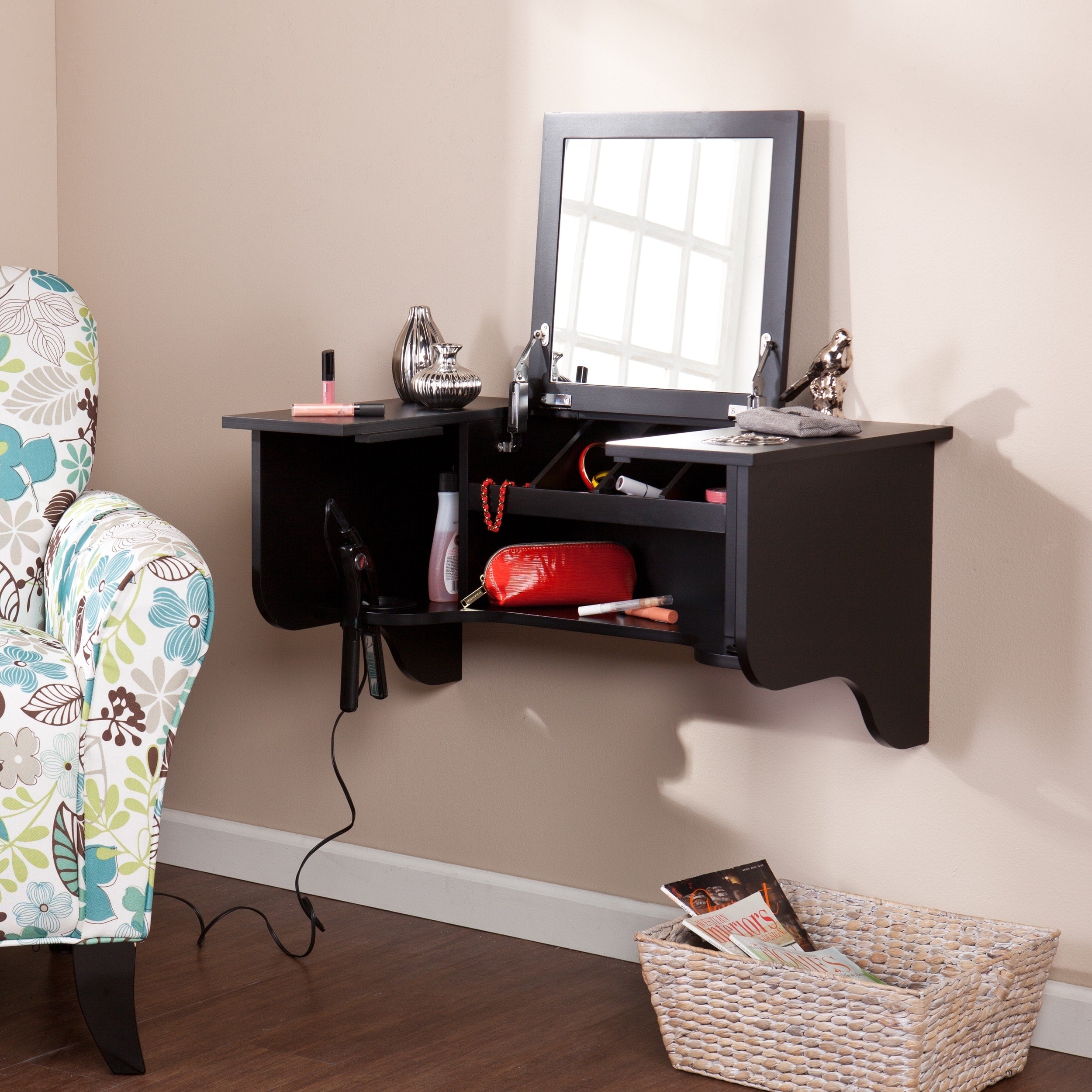 SEI Furniture Black Wall Mounted ledge with Vanity Mirror