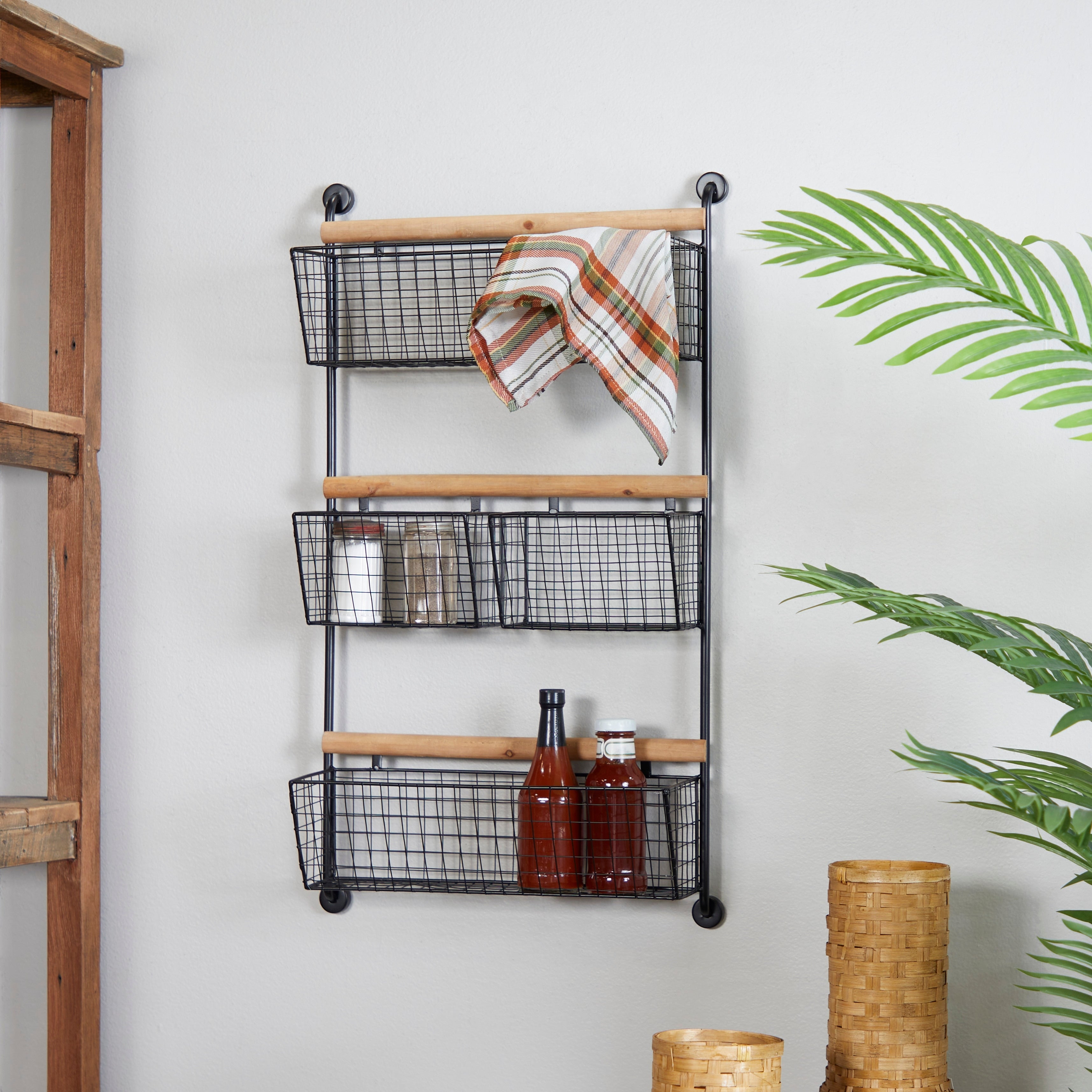 Metal Wall Mounted 4 Hanging Baskets Magazine Rack Holder - White or Black