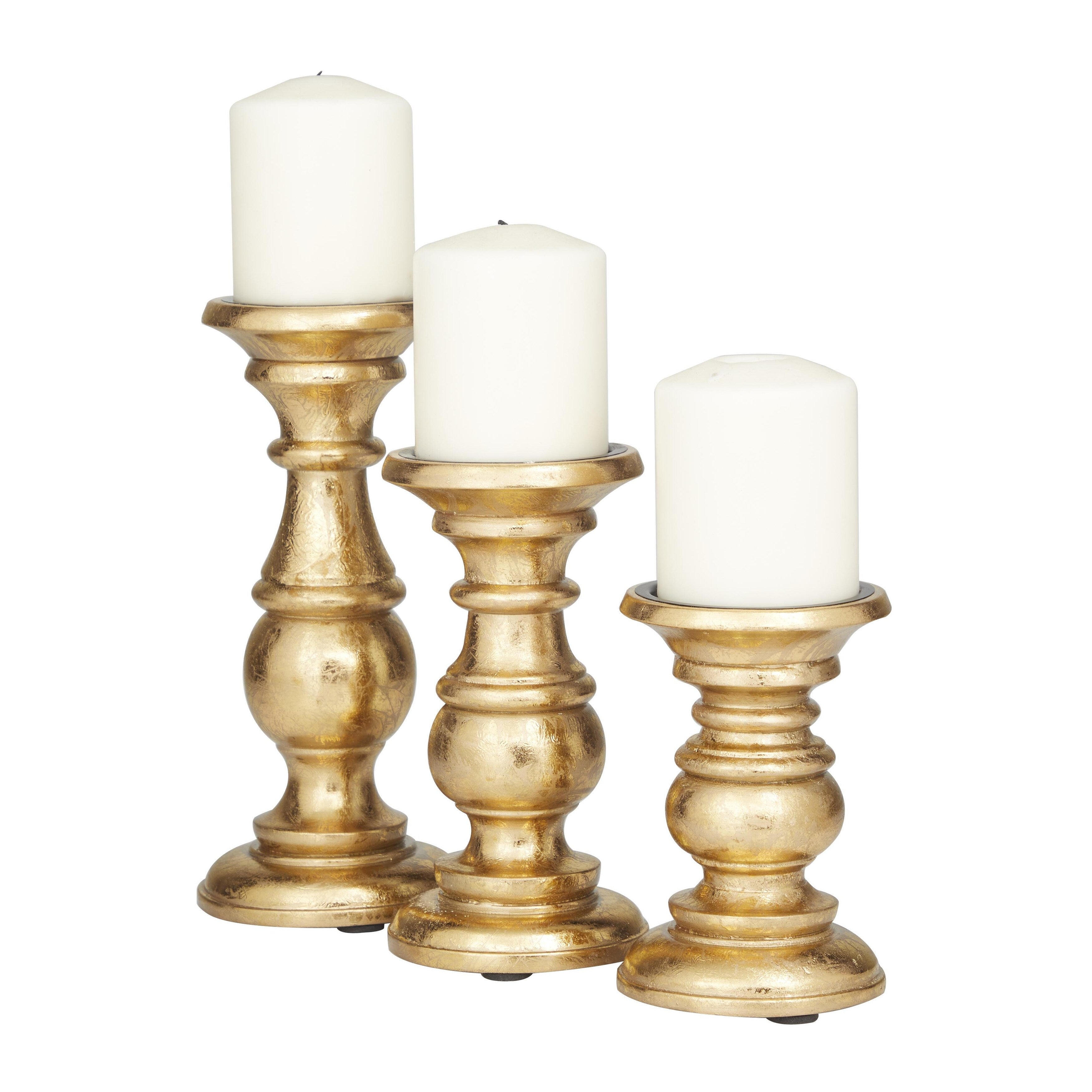 Mango Wood Turned Style Pillar Candle Holder (Set of 3) - White, Brown, Gold, Black, Light Blue, Cream, Silver