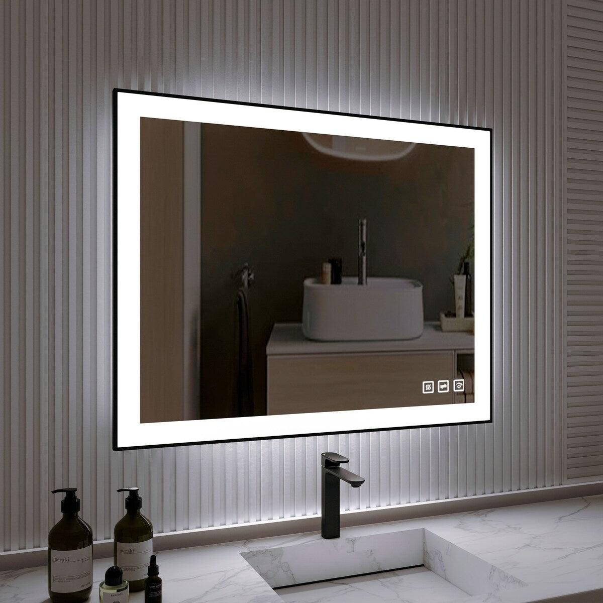 Organnice Rectangular Framed LED Anti-Fog Bathroom Wall Mirror in Black with Backlit and Front Light