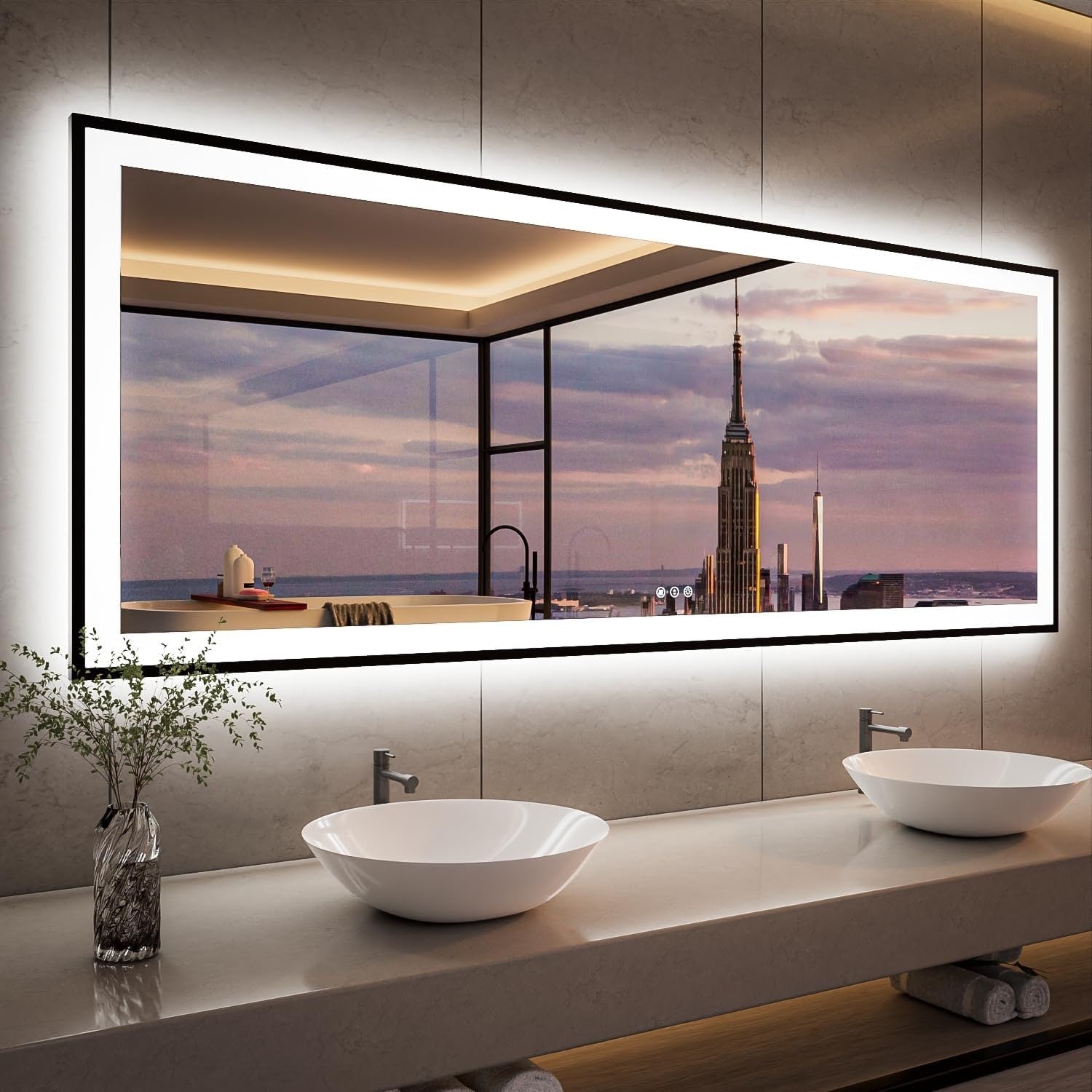 Apmir Metal Black Frame Back & Front LED Lighted Bathroom Vanity Mirror with Anti-Fog Tempered Glass