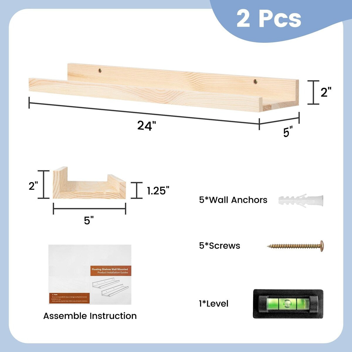 Solid Pine Wood Floating Ledge Shelves 2 Packs for Wall