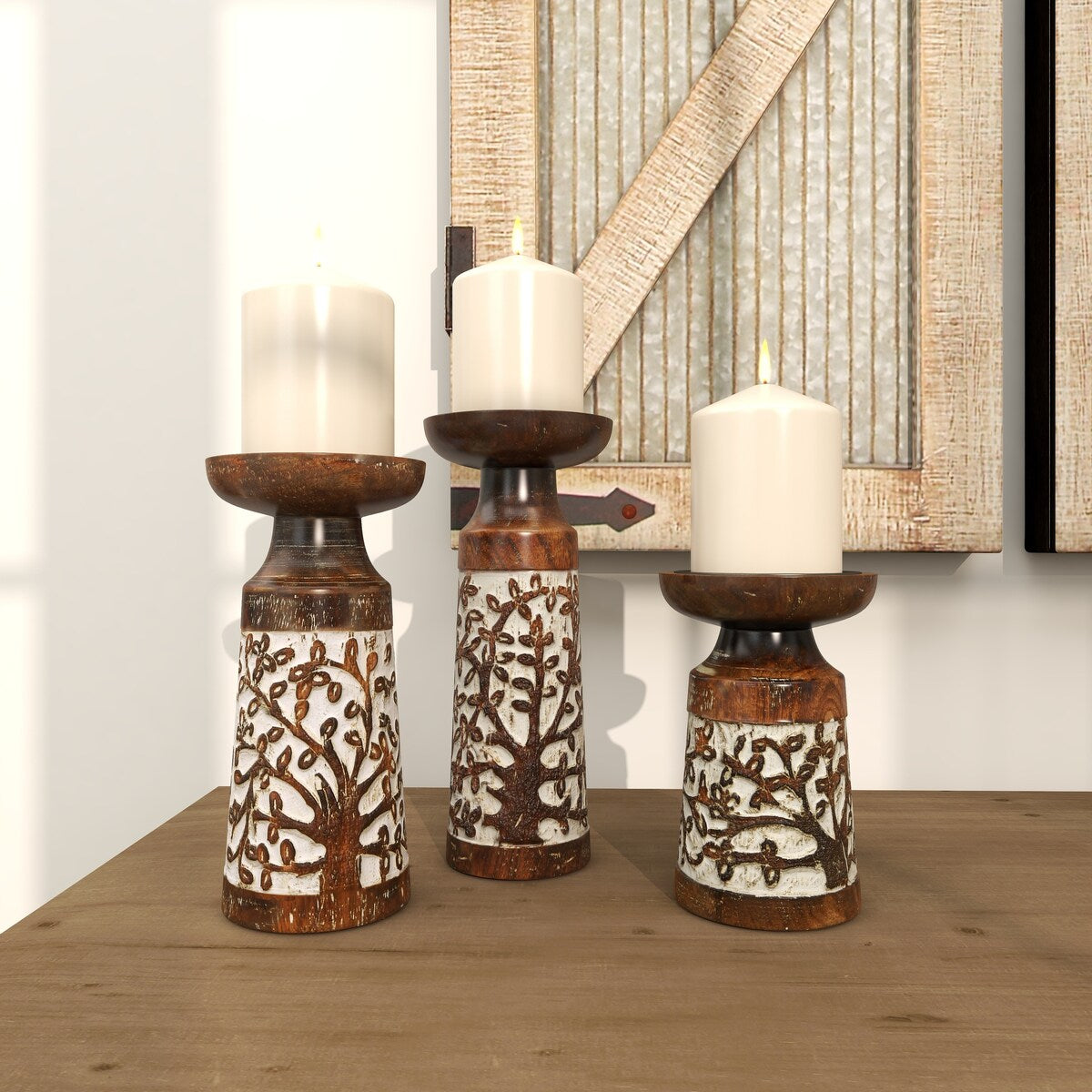 Mango Wood Handmade Carved Pillar Decorative Candle Holder - Set of 3 Light Brown or Brown - Roche River Decor