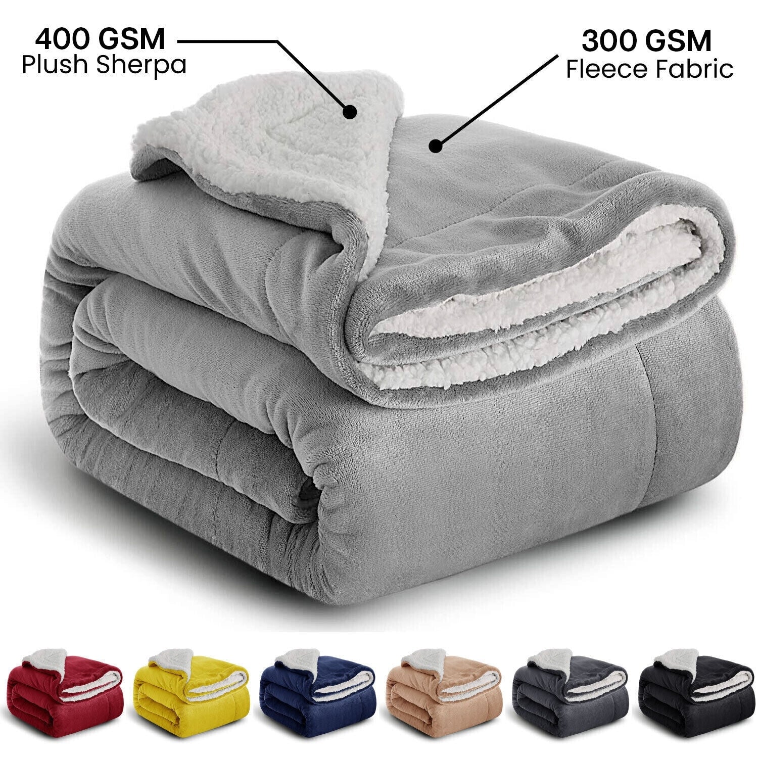 480GSM Sherpa Fleece Reversible Bed Blanket in Full Size