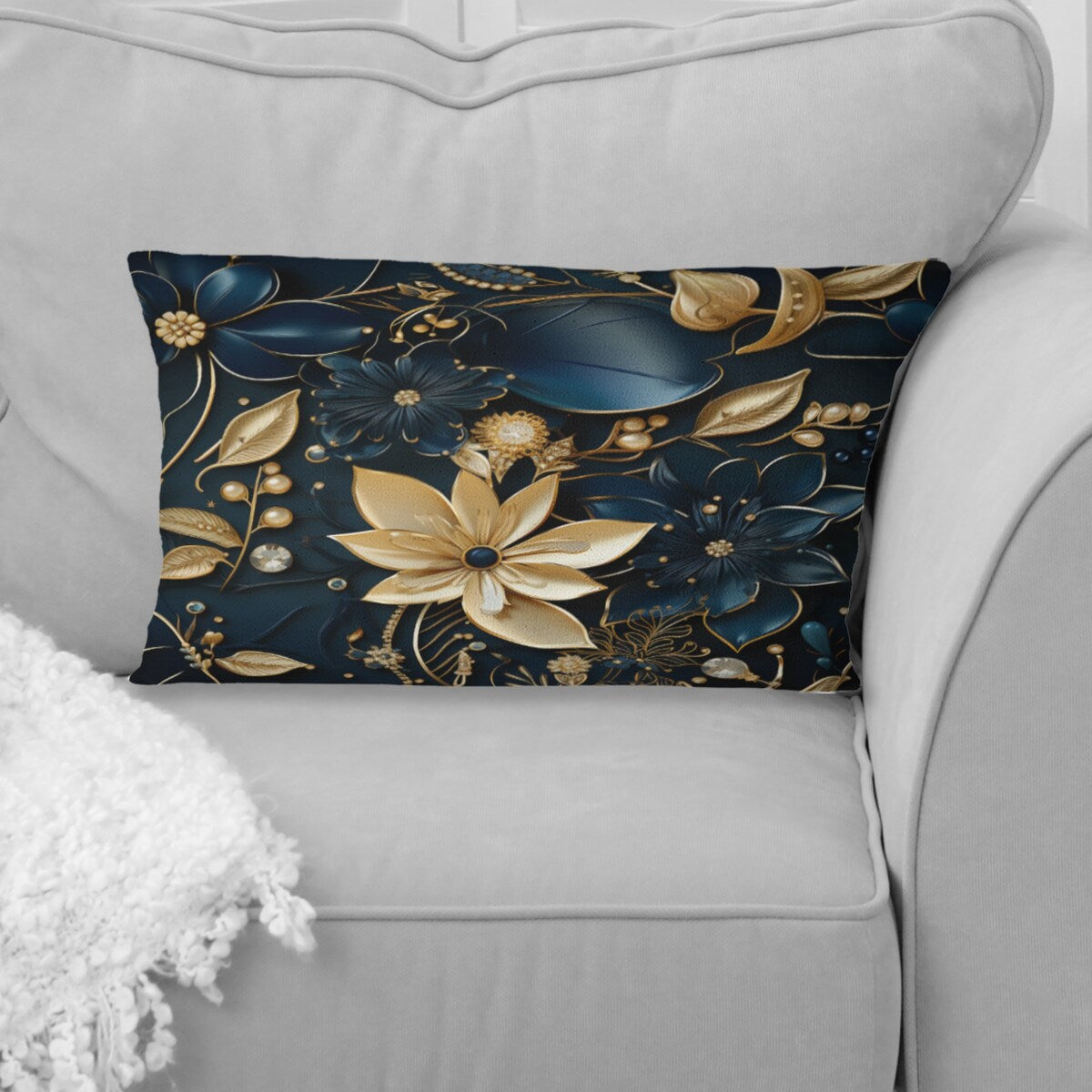 Designart Glamorous Gold And Sapphire Elegance Floral Printed Throw Pillow