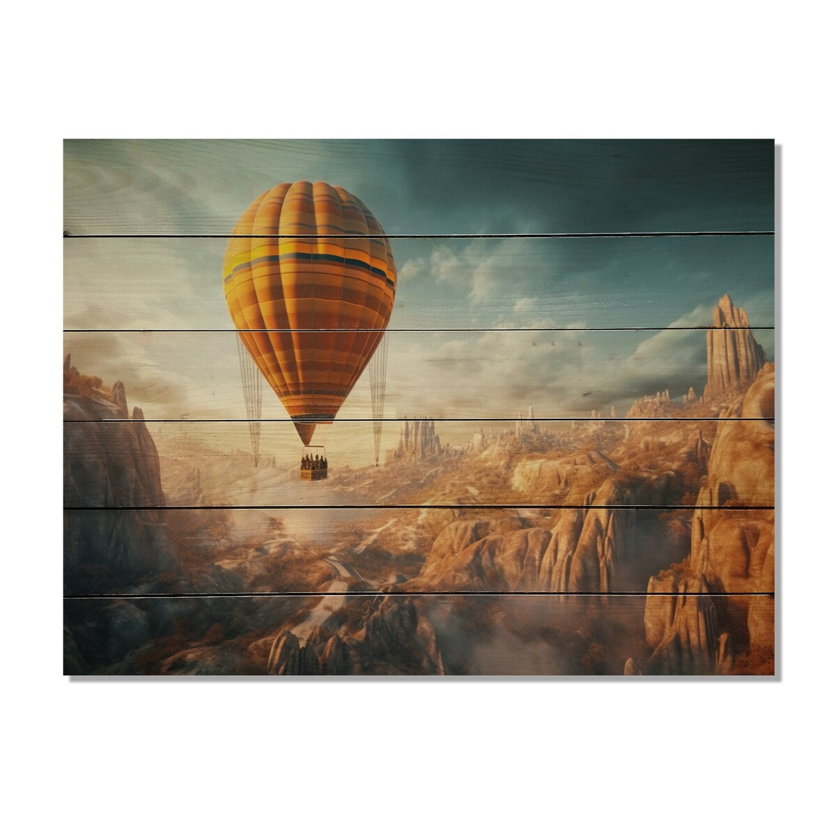 Designart Yellow Hot Air Ballon Panoramic I Transportation Print on Natural Pine Wood