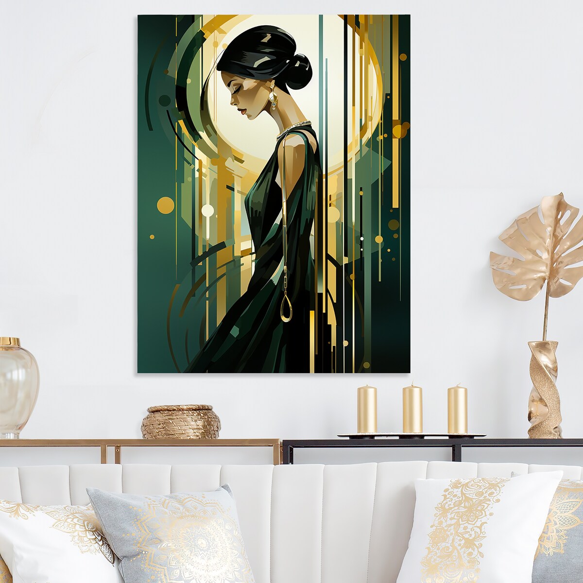 Designart Green And Gold Elegant Retro Woman Fashion Metal Wall Art - Green Metal Wall Décor Glam Metal Art Work