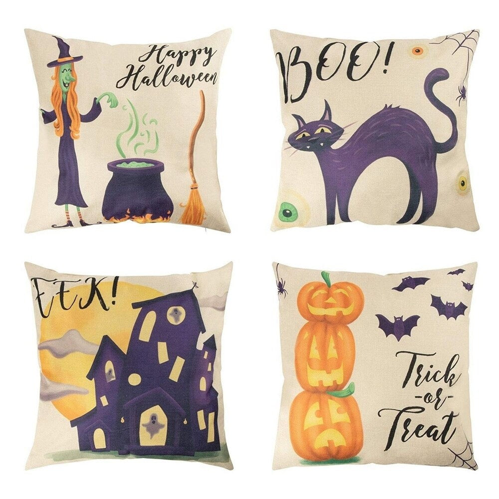 4 Halloween Throw Pillow Covers, Festive Home Decor Cushion, 18 x 18 Pillows