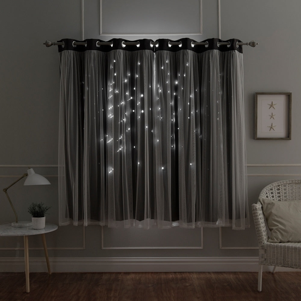 Aurora Home Star Punch Tulle Overlay Blackout Curtain Panel Pair