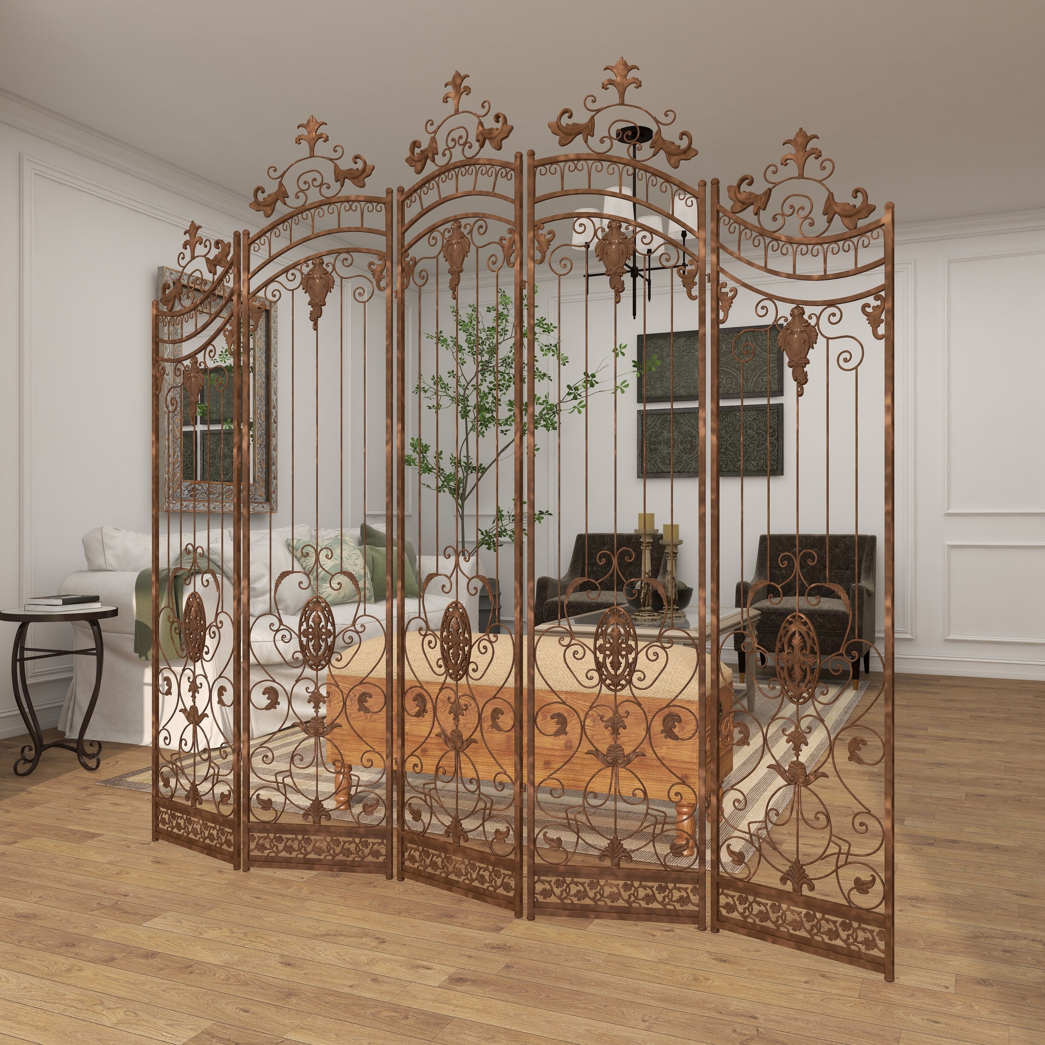 Metal Hinged Foldable Arched Partition 5 Panel Room Divider Screen with Relief Acanthus Design - Bronze - Roche River Decor