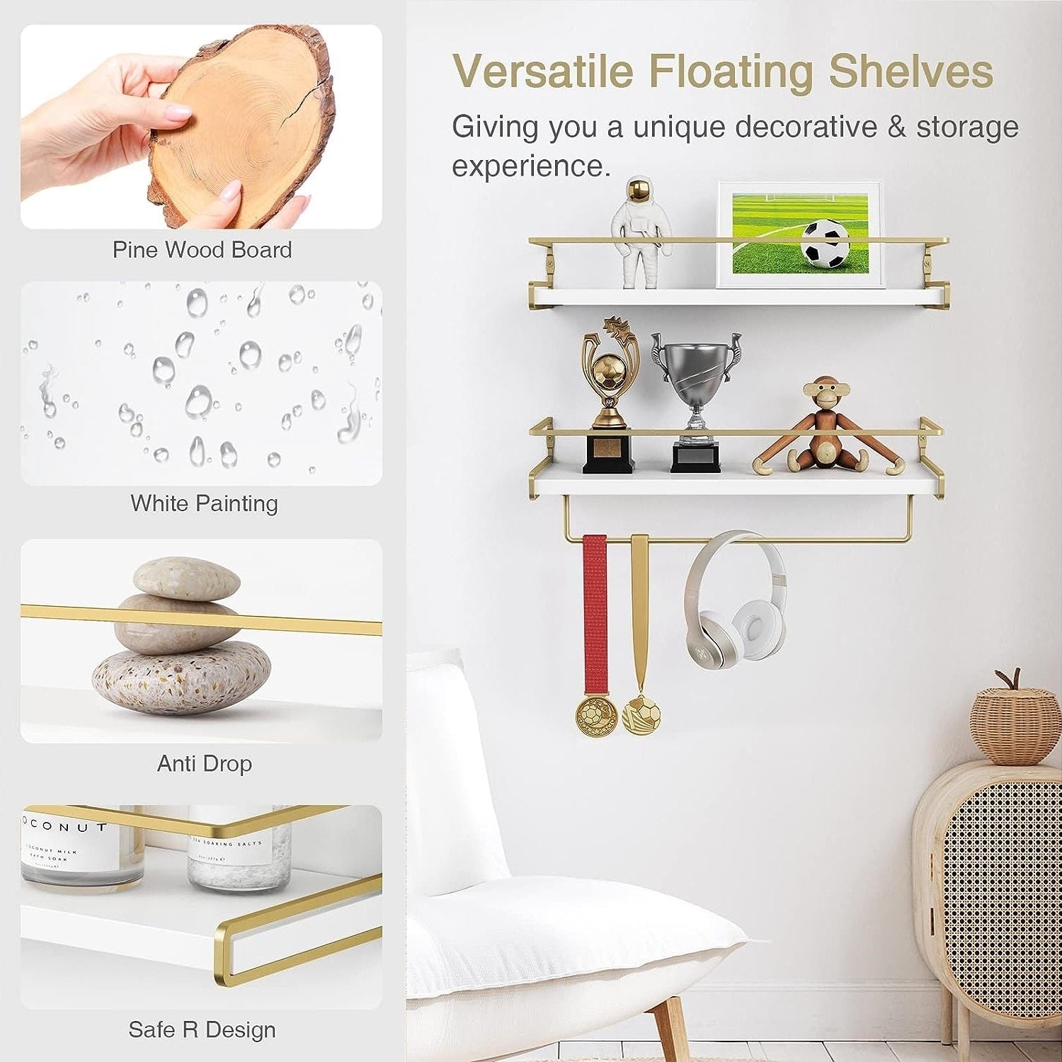 Decorative Wall Shelves Set of 2 for Bathroom with Towel Bar