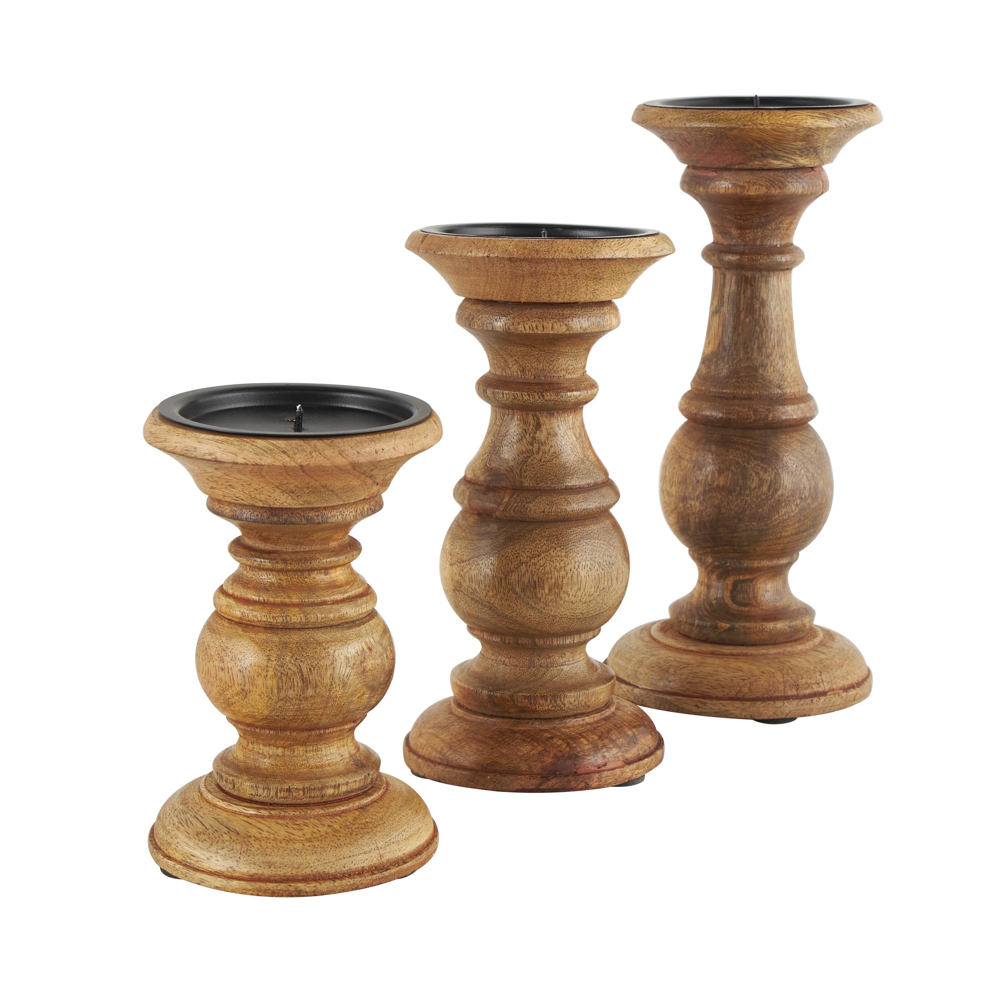 Mango Wood Turned Style Pillar Candle Holder (Set of 3) - White, Brown, Gold, Black, Light Blue, Cream, Silver